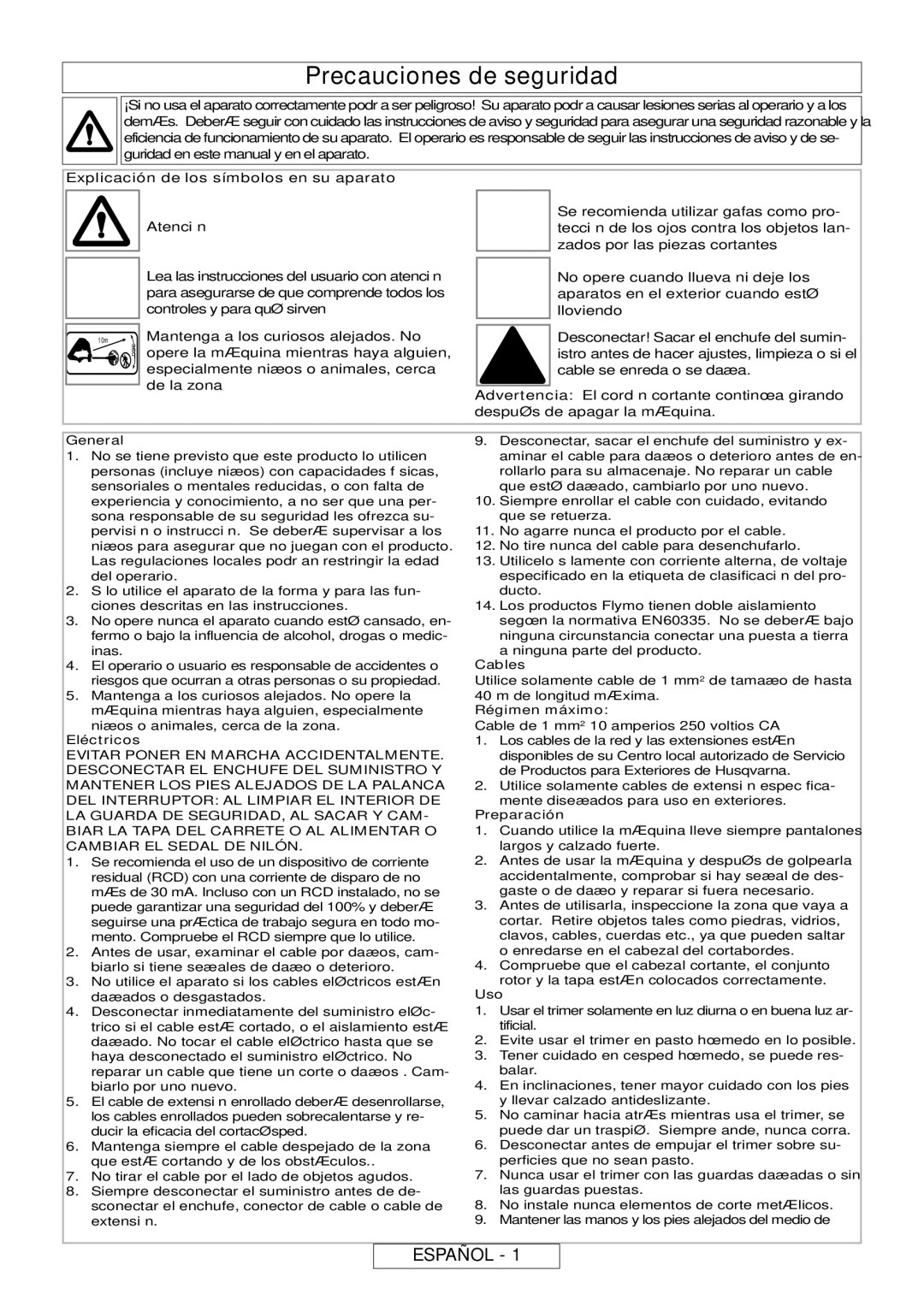 Flymo MT25, MT21 manual Precauciones de seguridad, Español 