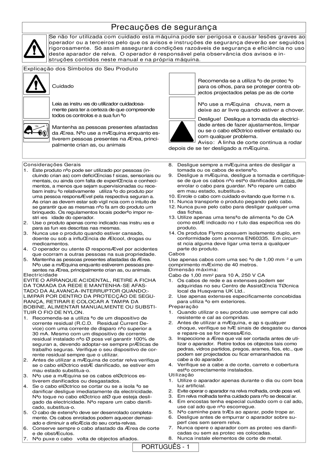 Flymo MT21, MT25 manual Precauções de segurança, Português 