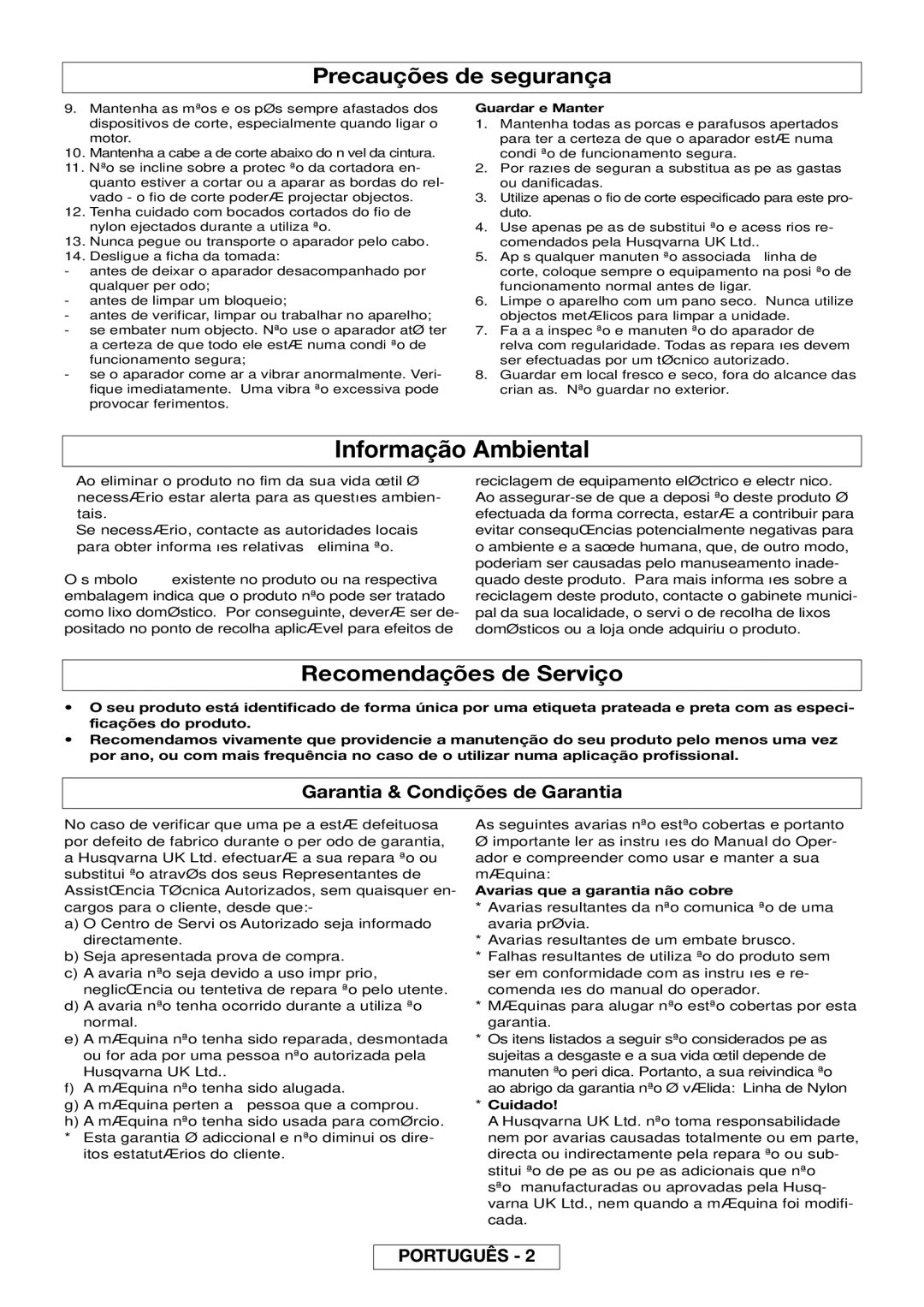 Flymo MT25, MT21 manual Informação Ambiental, Recomendações de Serviço, Garantia & Condições de Garantia, Cuidado 