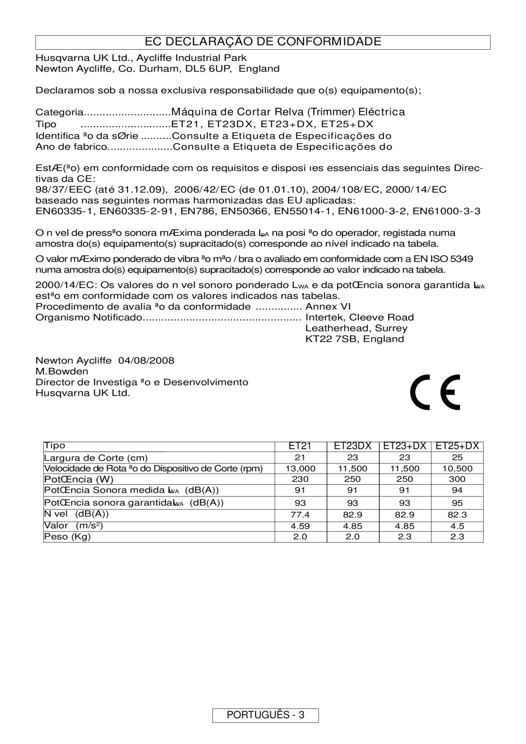 Flymo MT21, MT25 manual EC Declaração DE Conformidade, Máquina de Cortar Relva Trimmer Eléctrica 