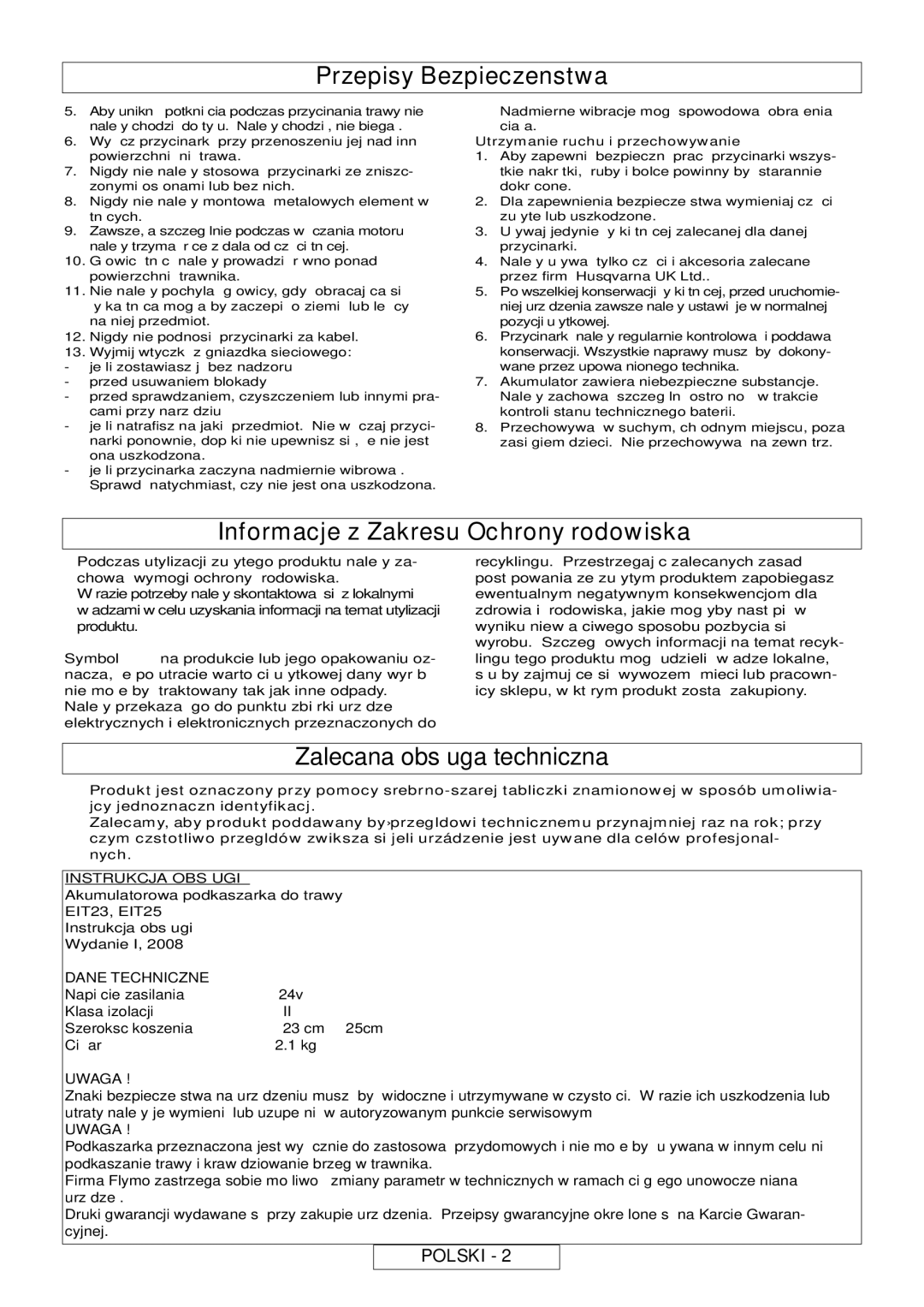 Flymo MT21, MT25 Informacje z Zakresu Ochrony Środowiska, Zalecana obsługa techniczna, Instrukcja Obsługi, Dane Techniczne 