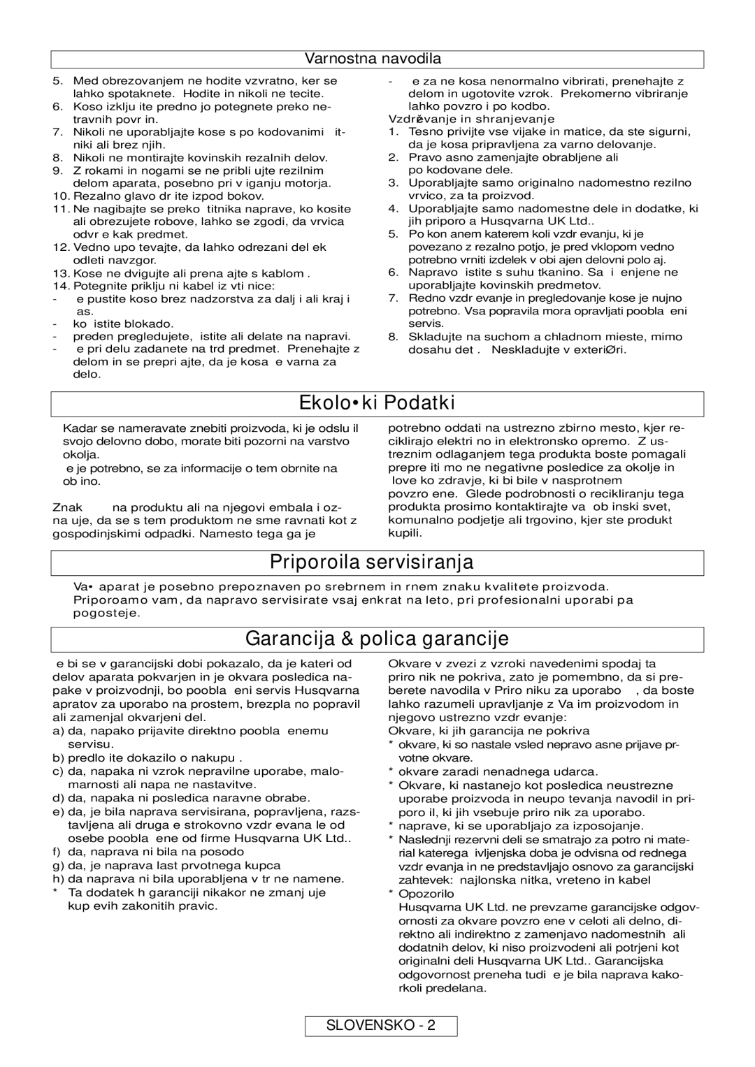 Flymo MT25, MT21 manual Ekološki Podatki, Priporočila servisiranja, Garancija & polica garancije 