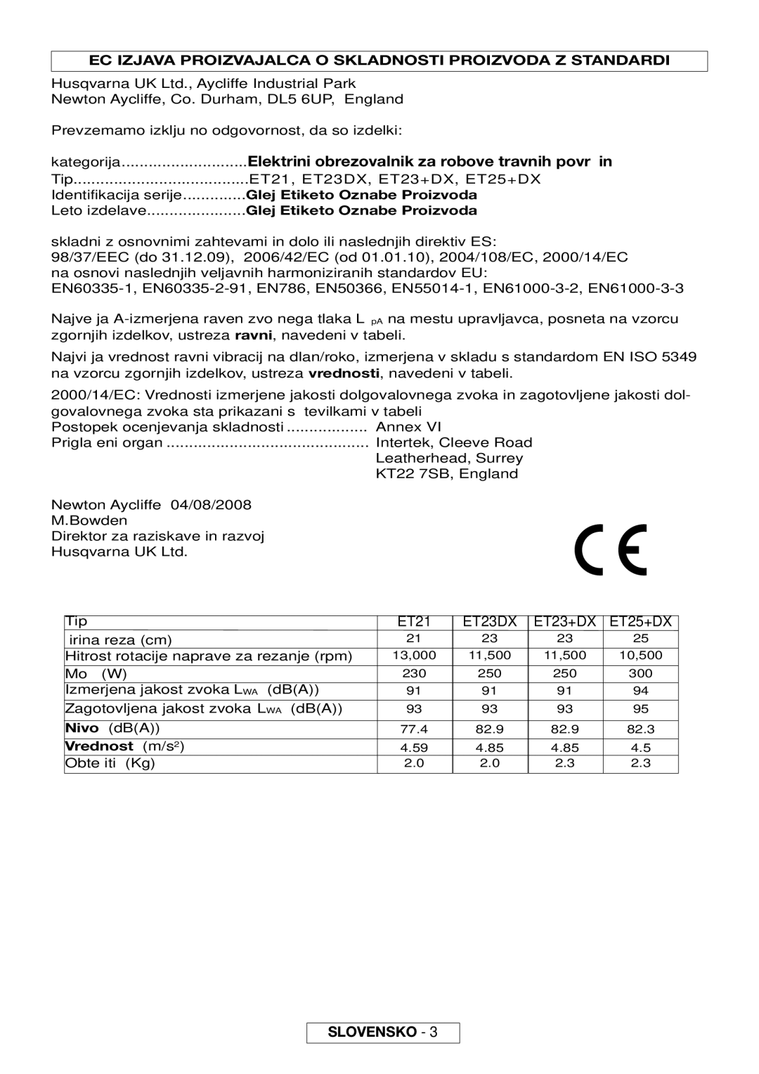 Flymo MT21 Električni obrezovalnik za robove travnih površin, EC Izjava Proizvajalca O Skladnosti Proizvoda Z Standardi 