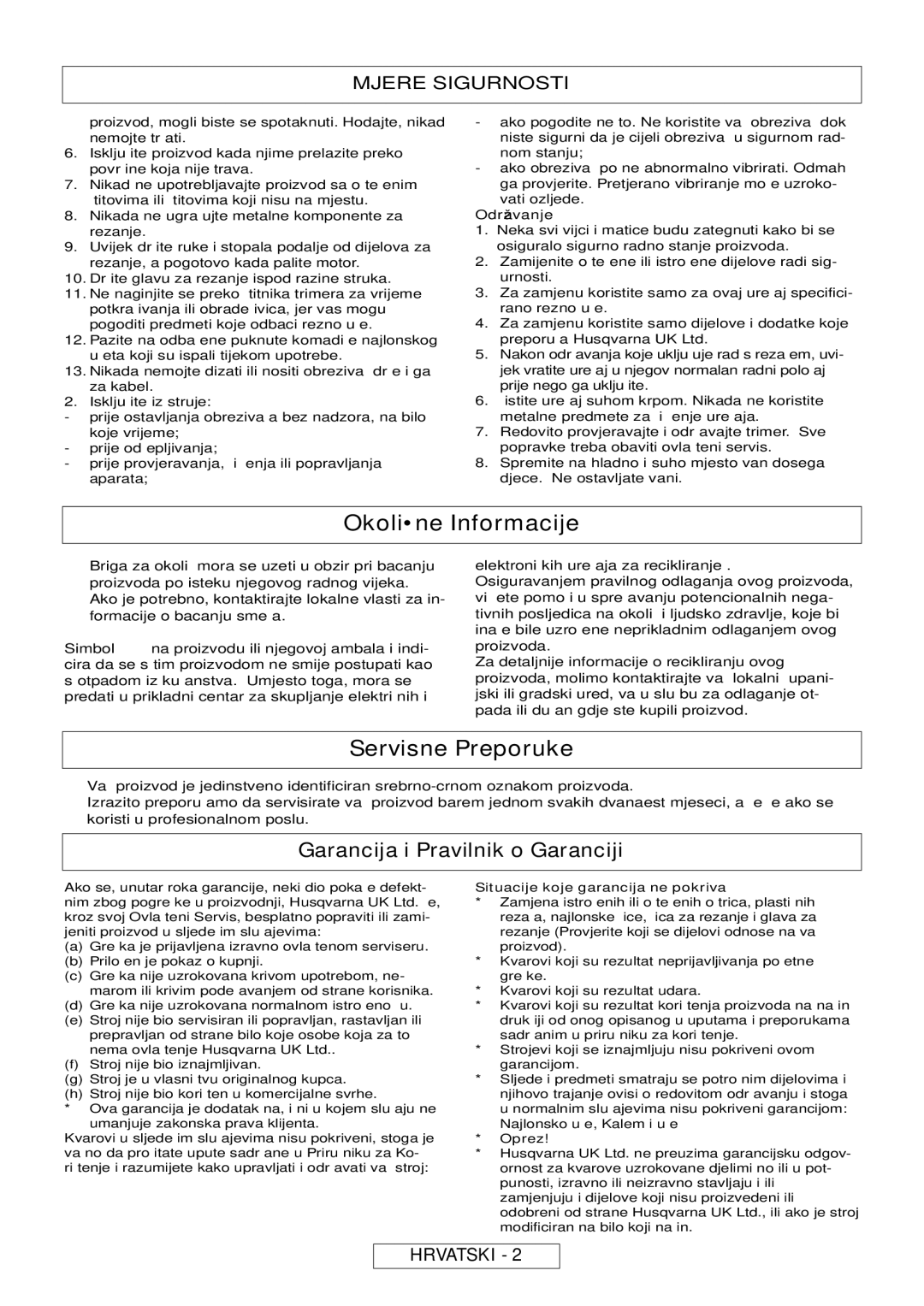 Flymo MT21, MT25 manual Okolišne Informacije, Servisne Preporuke, Održavanje, Situacije koje garancija ne pokriva, Oprez 