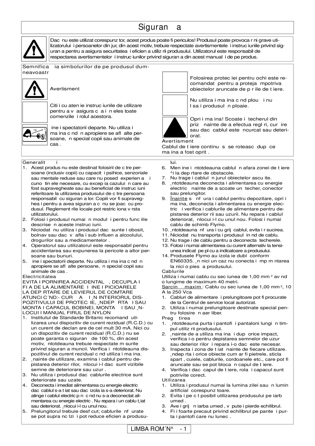 Flymo MT21, MT25 manual Siguranţa, Limba Român 