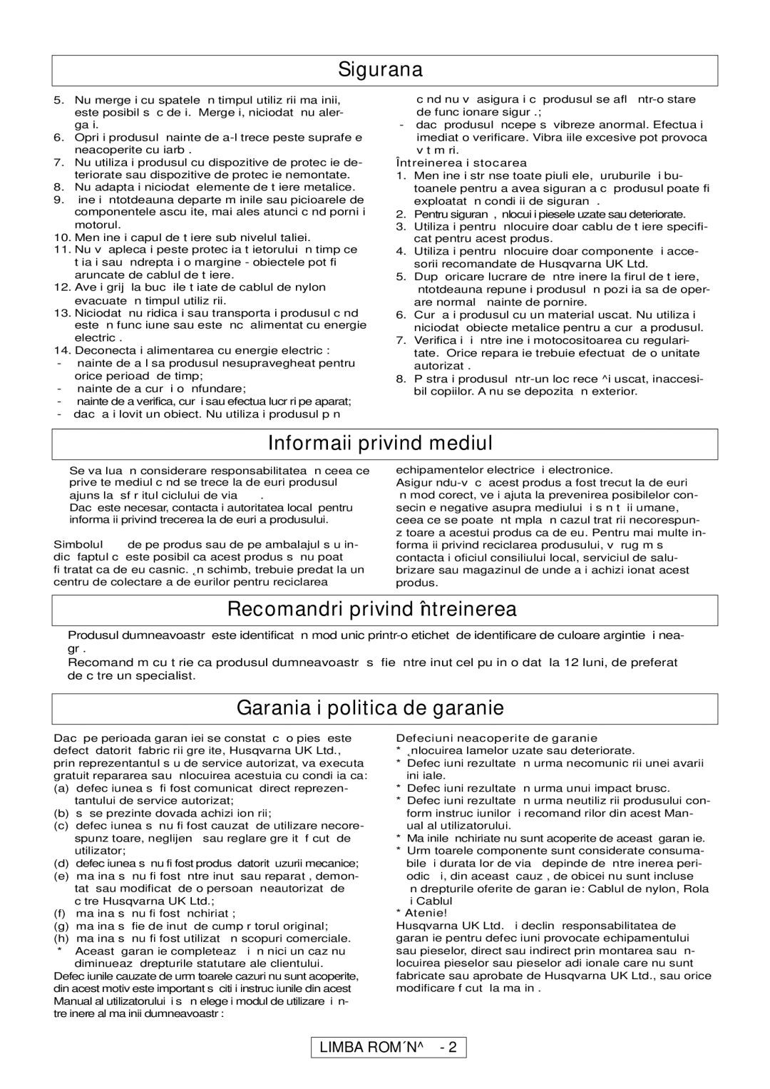 Flymo MT25, MT21 manual Informaţii privind mediul, Recomandări privind întreţinerea, Garanţia și politica de garanţie 