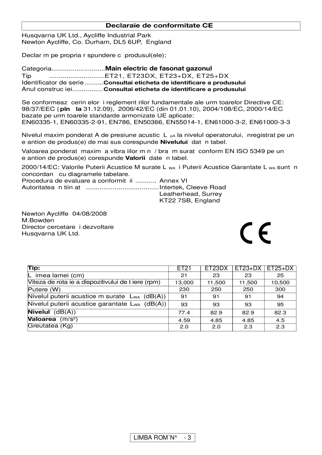 Flymo MT21, MT25 manual Declaraţie de conformitate CE, Mașină electrică de fasonat gazonul 