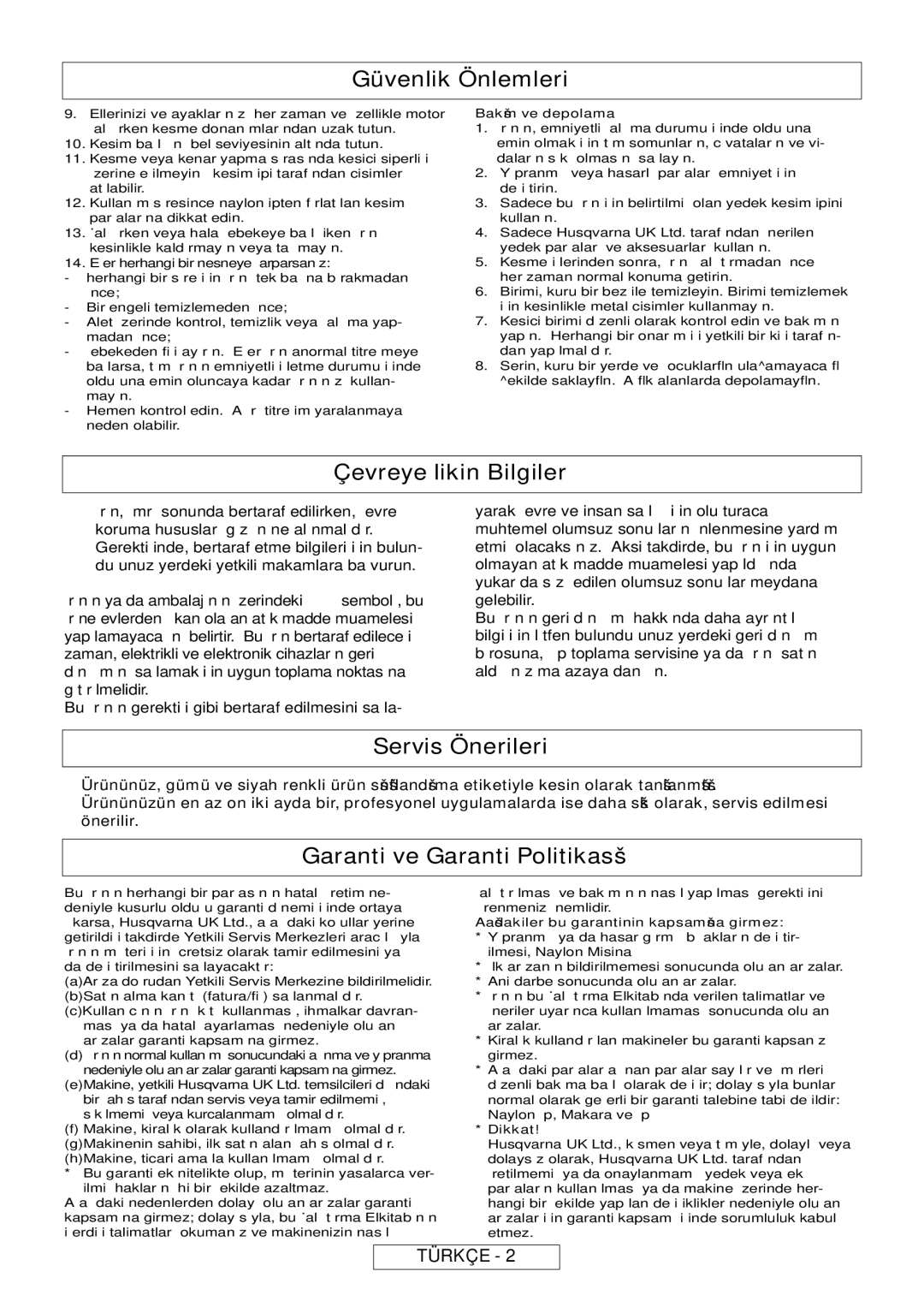 Flymo MT25, MT21 manual Çevreye İlişkin Bilgiler, Servis Önerileri, Garanti ve Garanti Politikası 