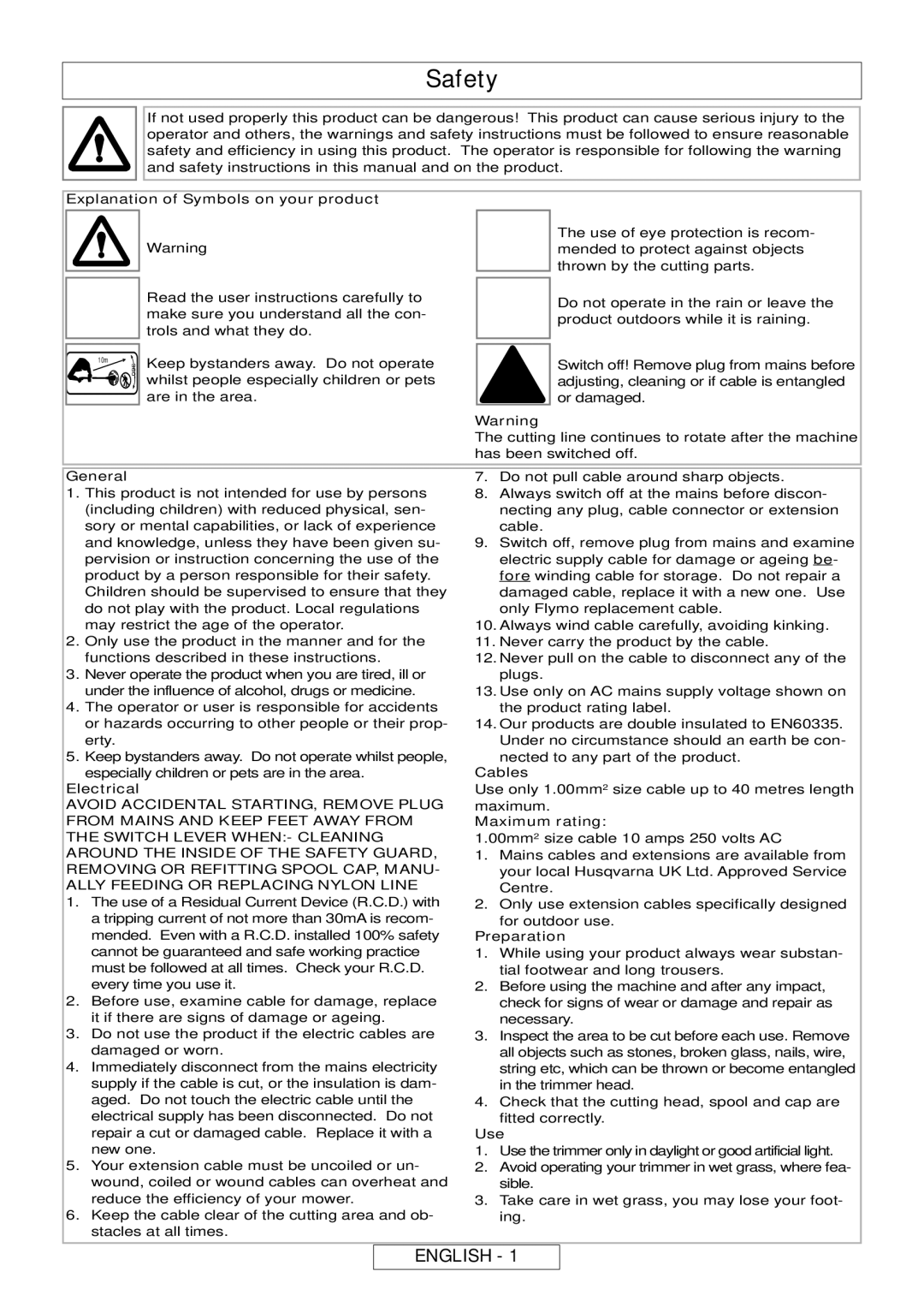 Flymo MT25, MT21 manual Safety, English 