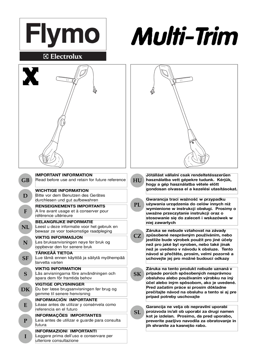 Flymo Multi-Trim manual Important Information, Wichtige Information, Renseignements Importants, Belangrijke Informatie 