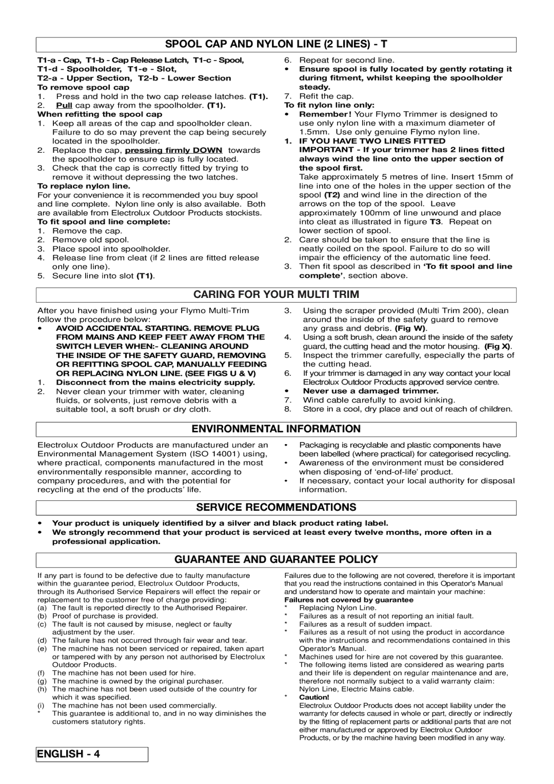 Flymo Multi-Trim manual Spool CAP and Nylon Line 2 Lines T, Caring for Your Multi Trim, Environmental Information 