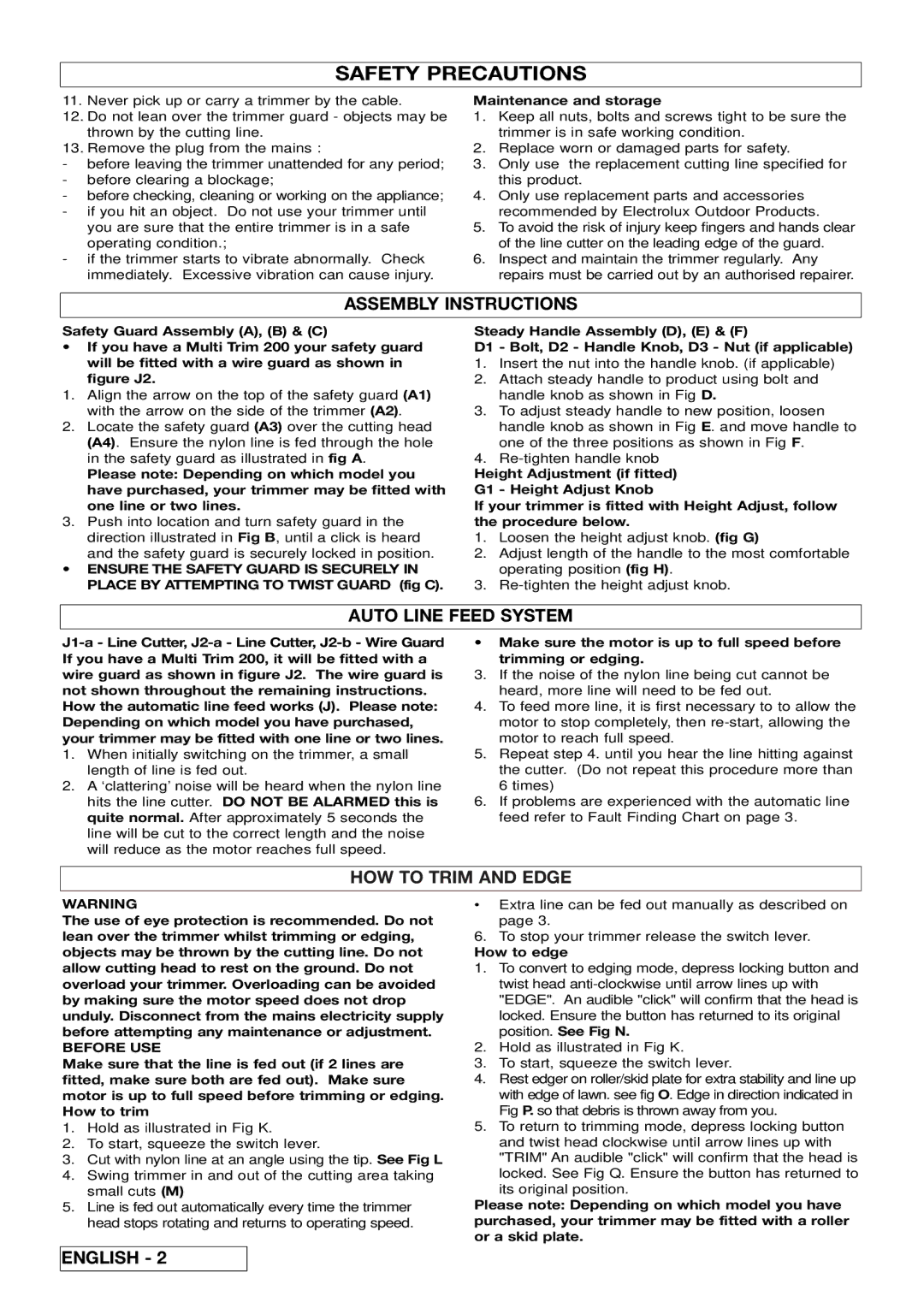 Flymo Multi-Trim manual Assembly Instructions, Auto Line Feed System, HOW to Trim and Edge, Before USE 