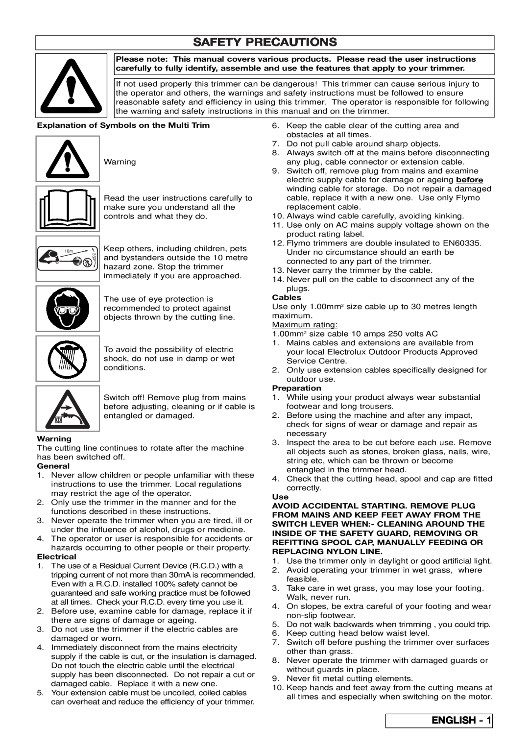 Flymo Multi-Trim manual Safety Precautions, English 