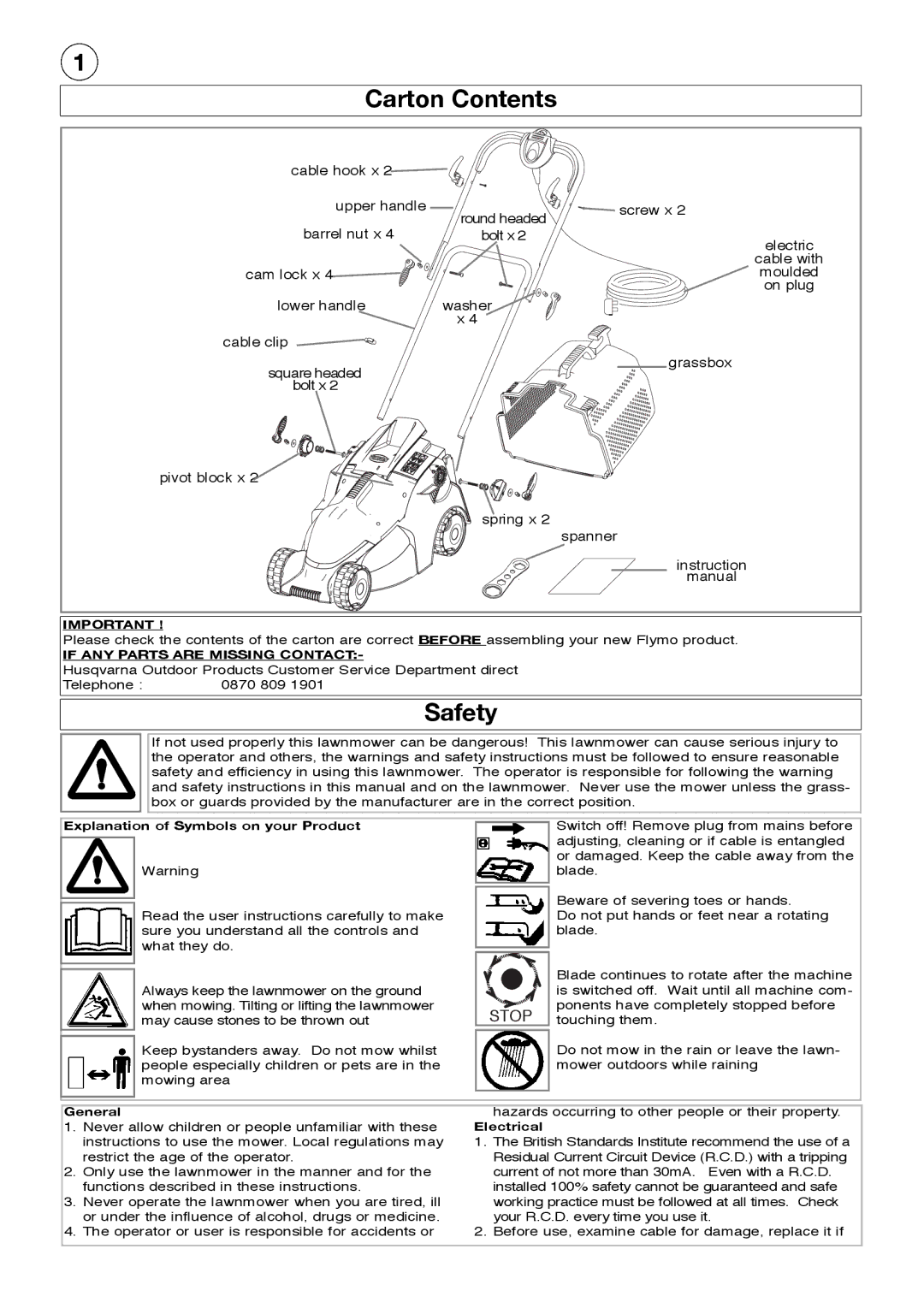 Flymo Pac a Mow manual Carton Contents, Safety 