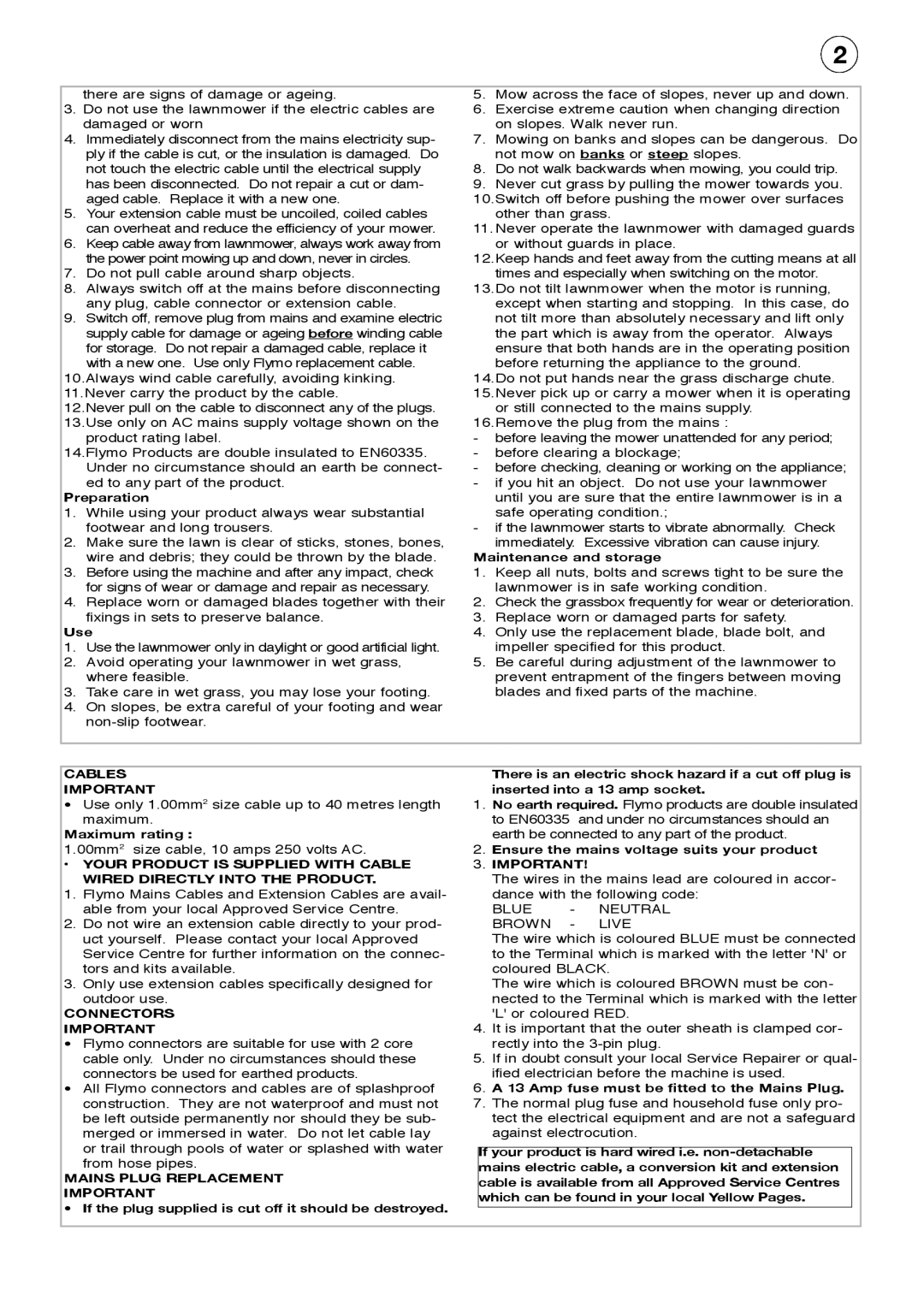 Flymo Pac a Mow manual Cables, Connectors, Mains Plug Replacement 