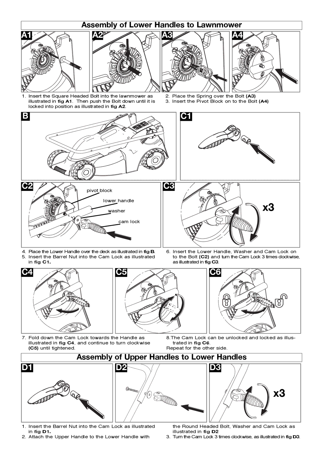 Flymo Pac a Mow manual Assembly of Lower Handles to Lawnmower, Assembly of Upper Handles to Lower Handles 