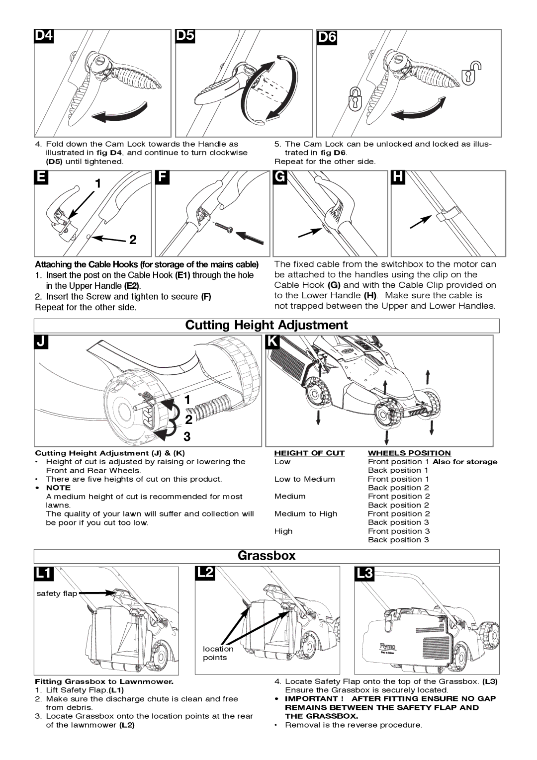 Flymo Pac a Mow manual Grassbox, Cutting Height Adjustment J & K, Height of CUT Wheels Position 