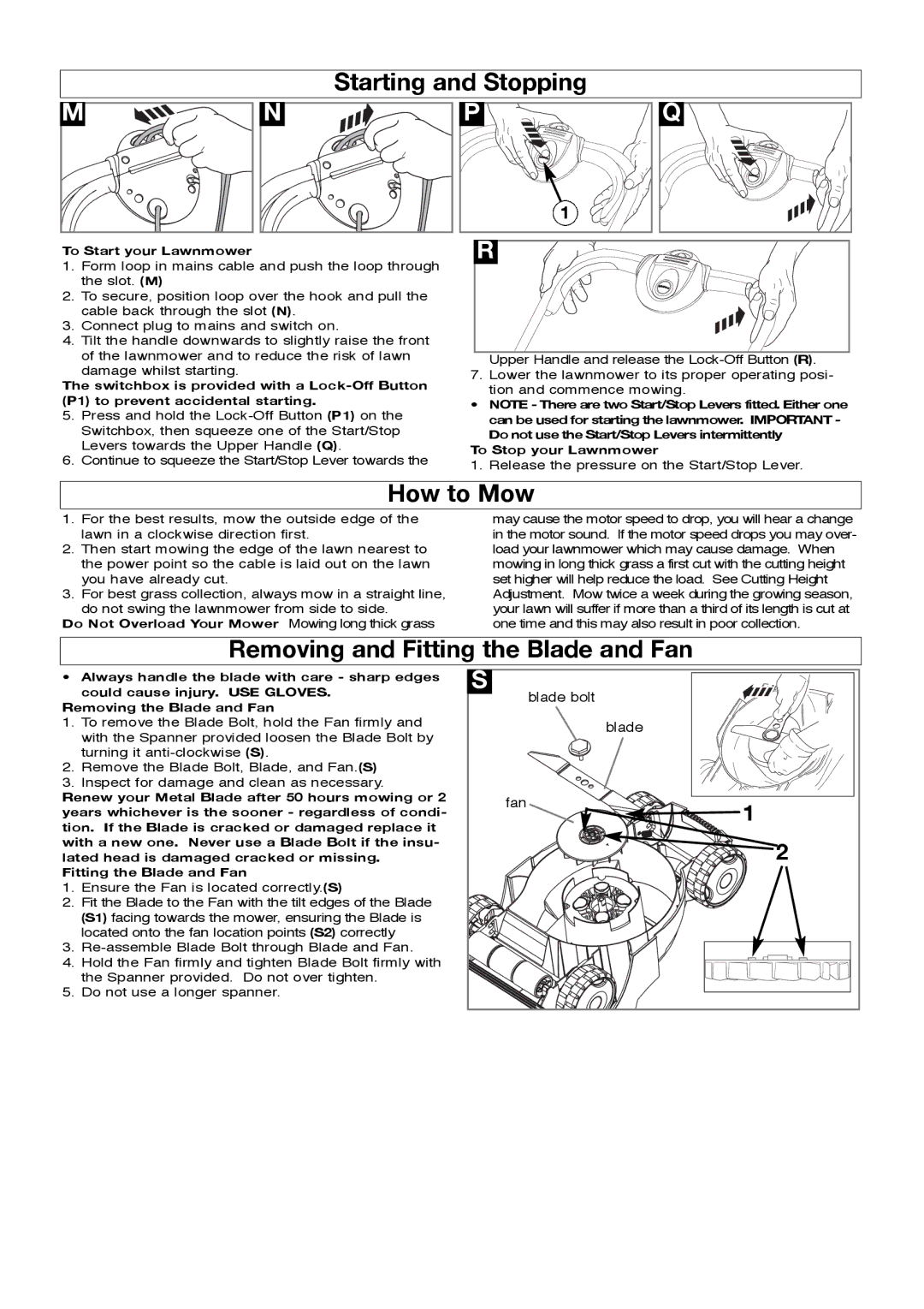 Flymo Pac a Mow manual How to Mow, Removing and Fitting the Blade and Fan 