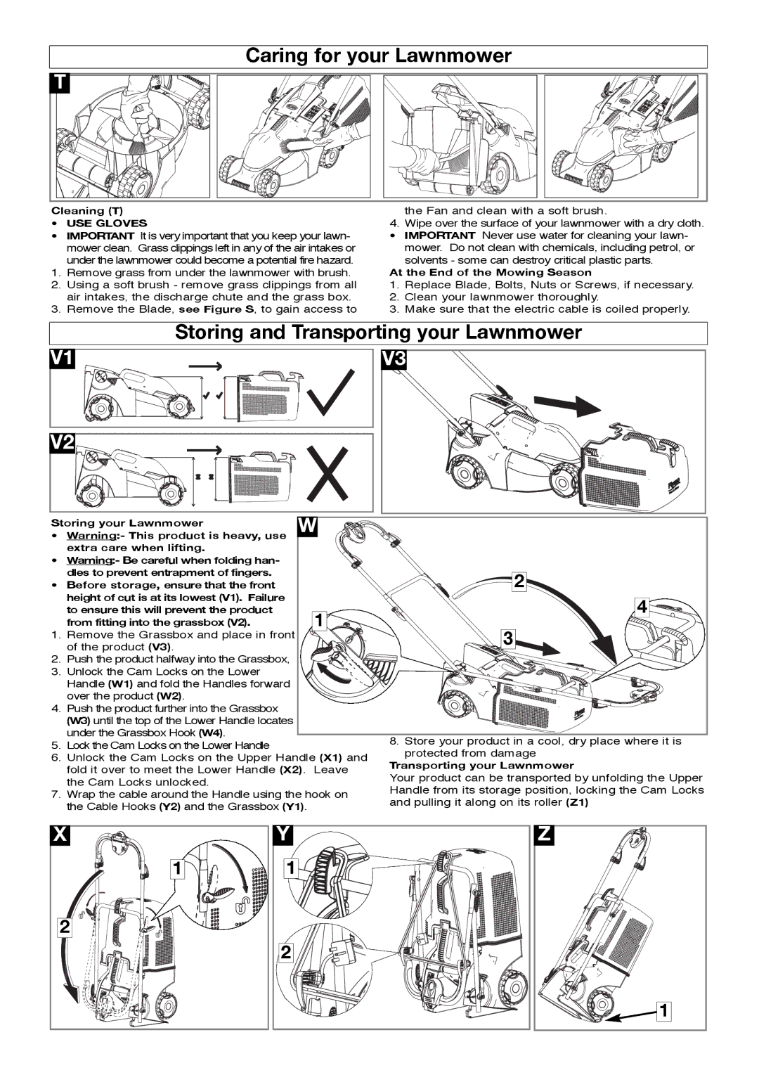 Flymo Pac a Mow manual Caring for your Lawnmower, Cleaning T, USE Gloves, At the End of the Mowing Season 