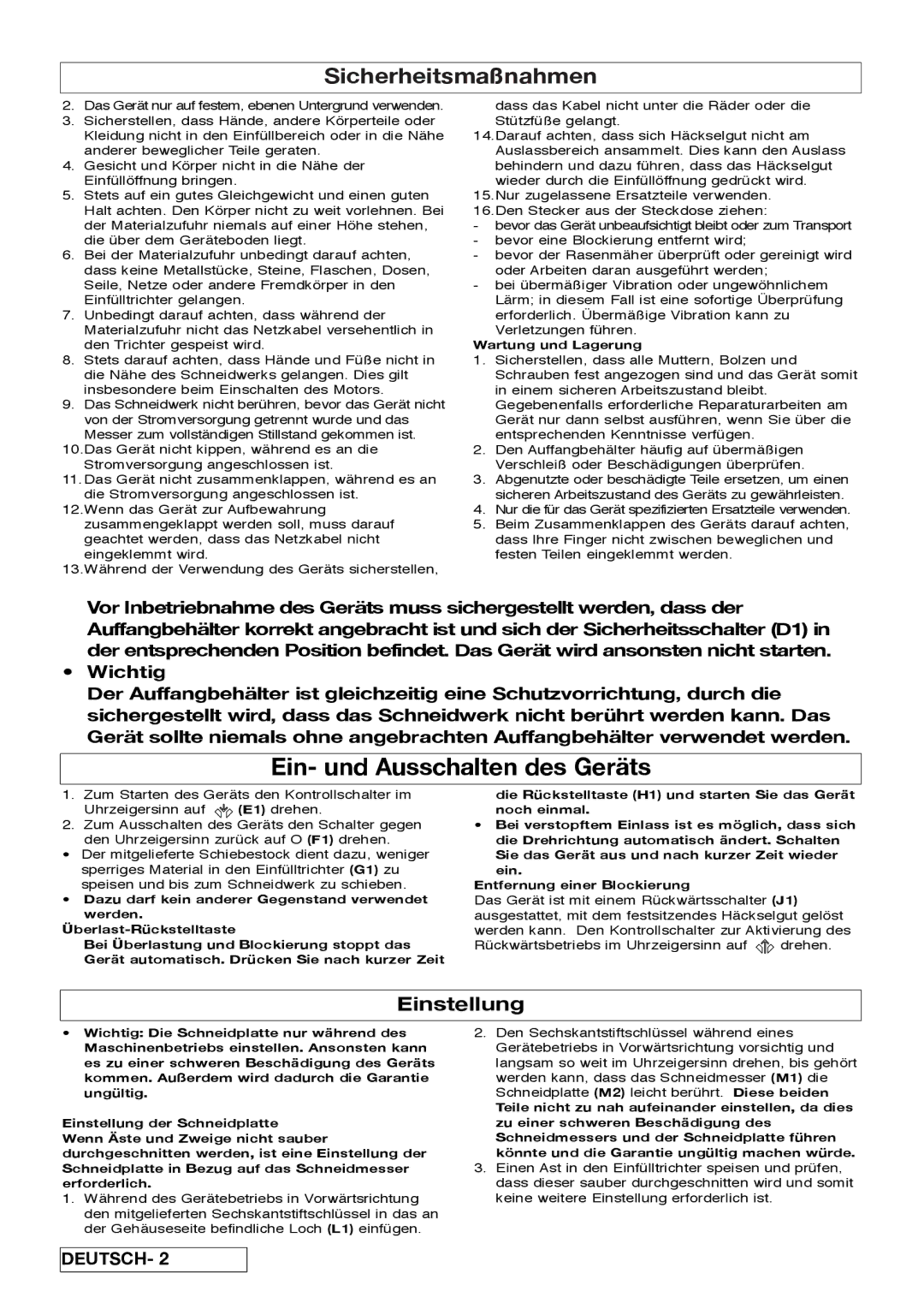 Flymo Pac a Shredder manual Ein- und Ausschalten des Geräts, Wartung und Lagerung 