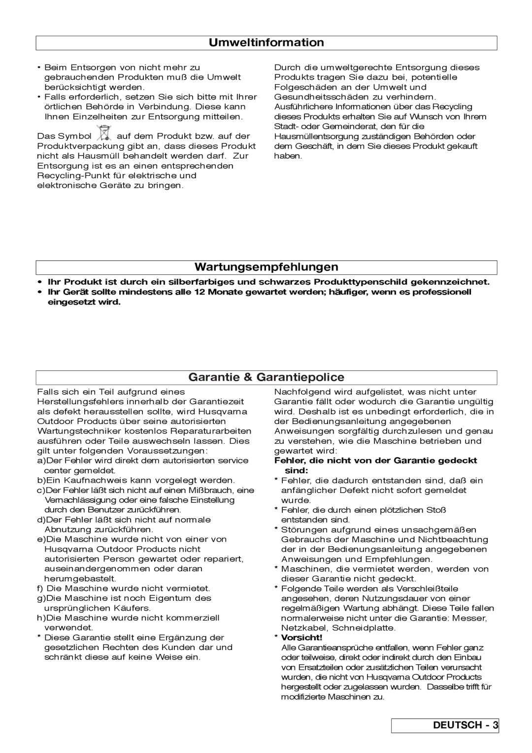 Flymo Pac a Shredder manual Fehler, die nicht von der Garantie gedeckt sind, Vorsicht 