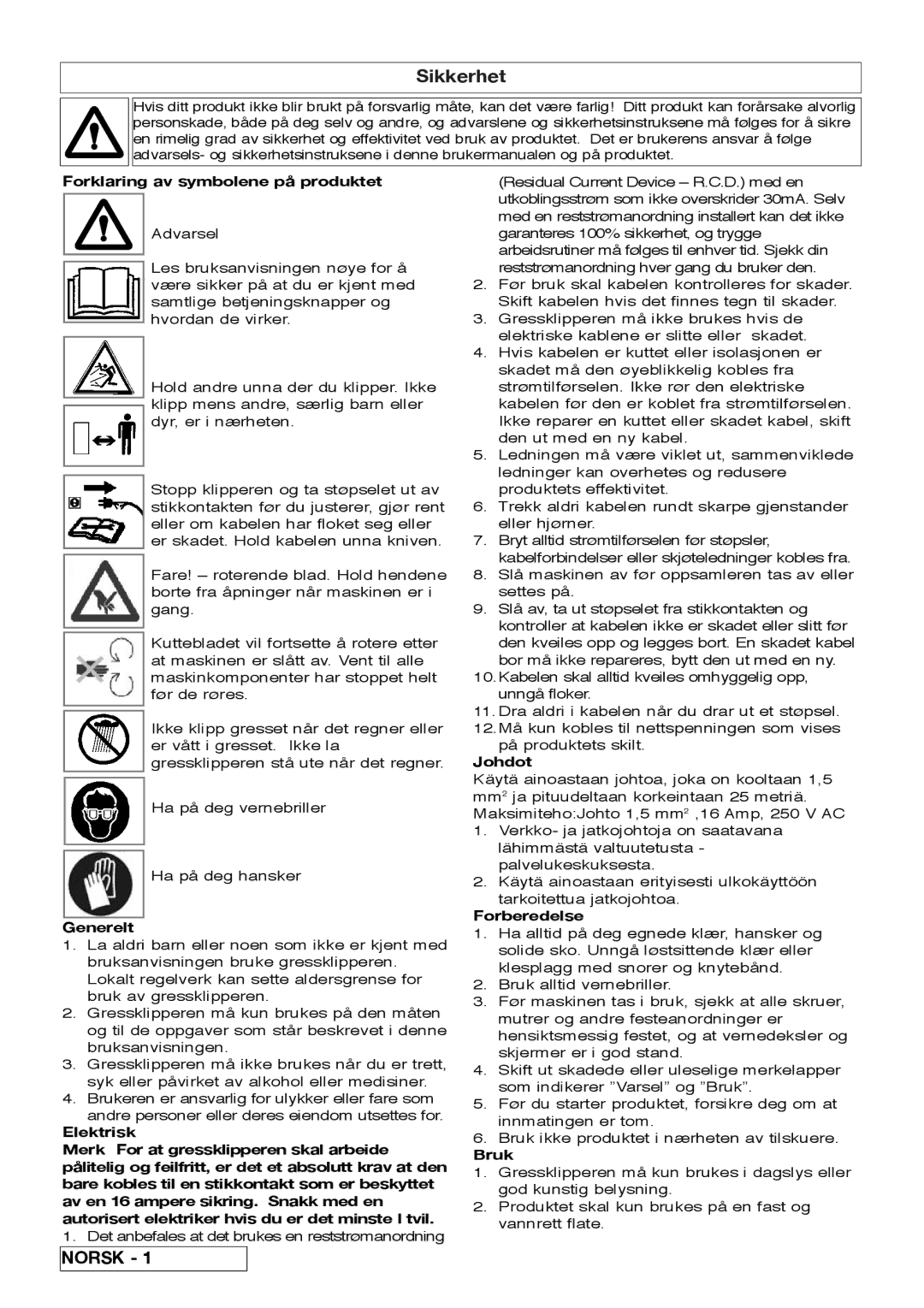 Flymo Pac a Shredder manual Forklaring av symbolene på produktet, Generelt, Johdot, Forberedelse, Bruk 