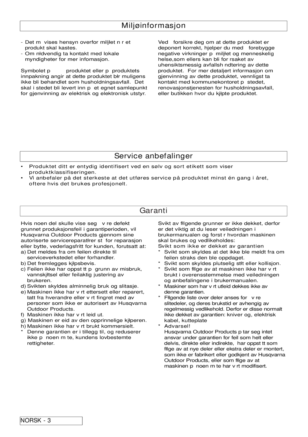 Flymo Pac a Shredder manual Miljøinformasjon, Service anbefalinger, Garanti, Svikt som ikke er dekket av garantien 