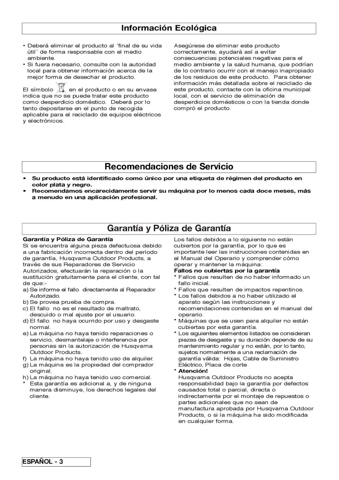 Flymo Pac a Shredder manual Recomendaciones de Servicio, Garantía y Póliza de Garantía, Información Ecológica 