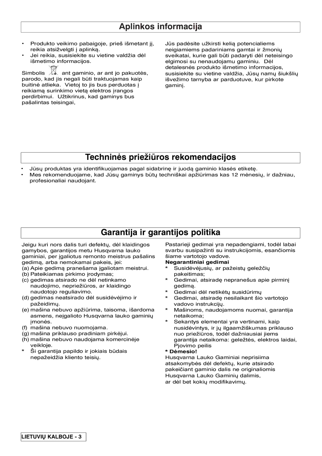 Flymo Pac a Shredder Aplinkos informacija, Techninės priežiūros rekomendacijos, Garantija ir garantijos politika, Dėmesio 