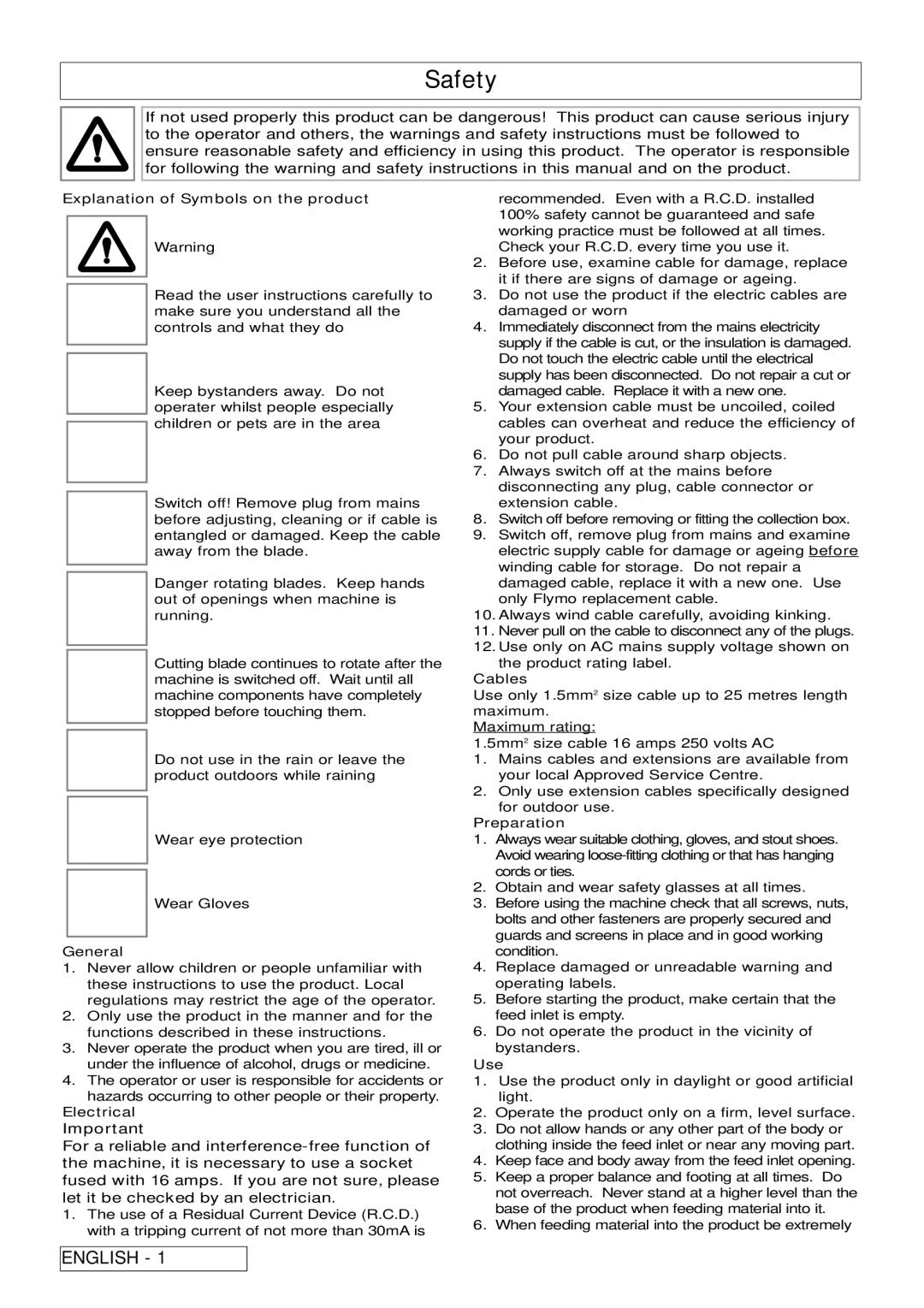 Flymo Pac a Shredder manual Safety 