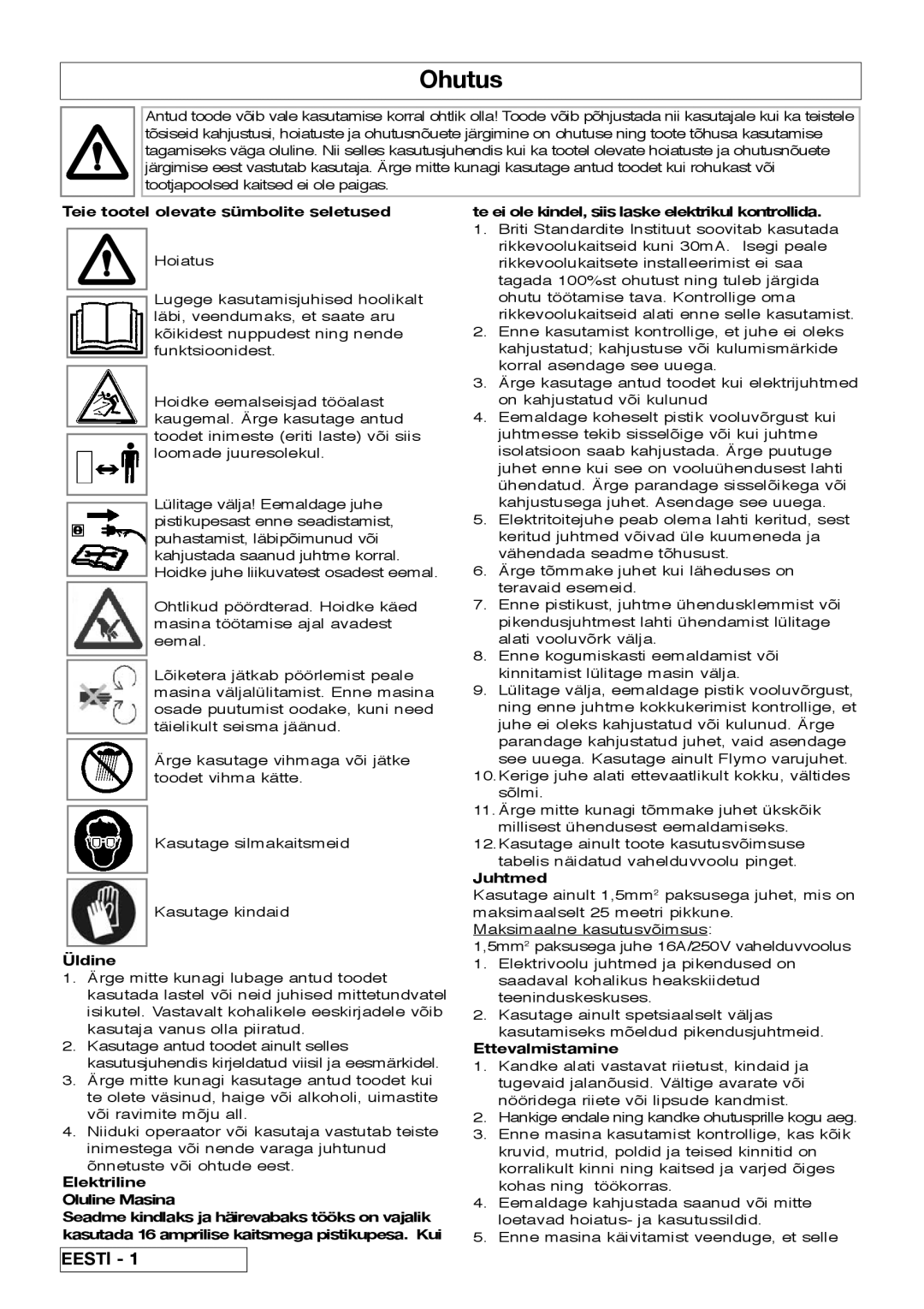 Flymo Pac a Shredder manual Ohutus, Teie tootel olevate sümbolite seletused, Üldine, Juhtmed, Ettevalmistamine 