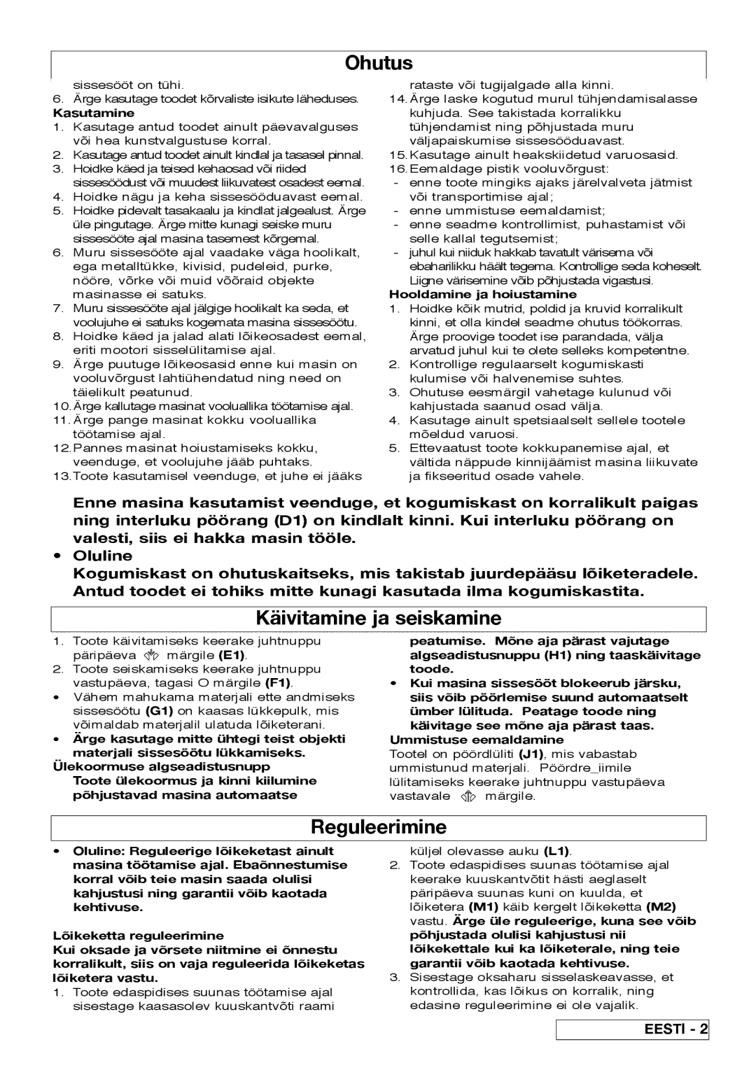 Flymo Pac a Shredder manual Käivitamine ja seiskamine, Reguleerimine, Kasutamine, Hooldamine ja hoiustamine 