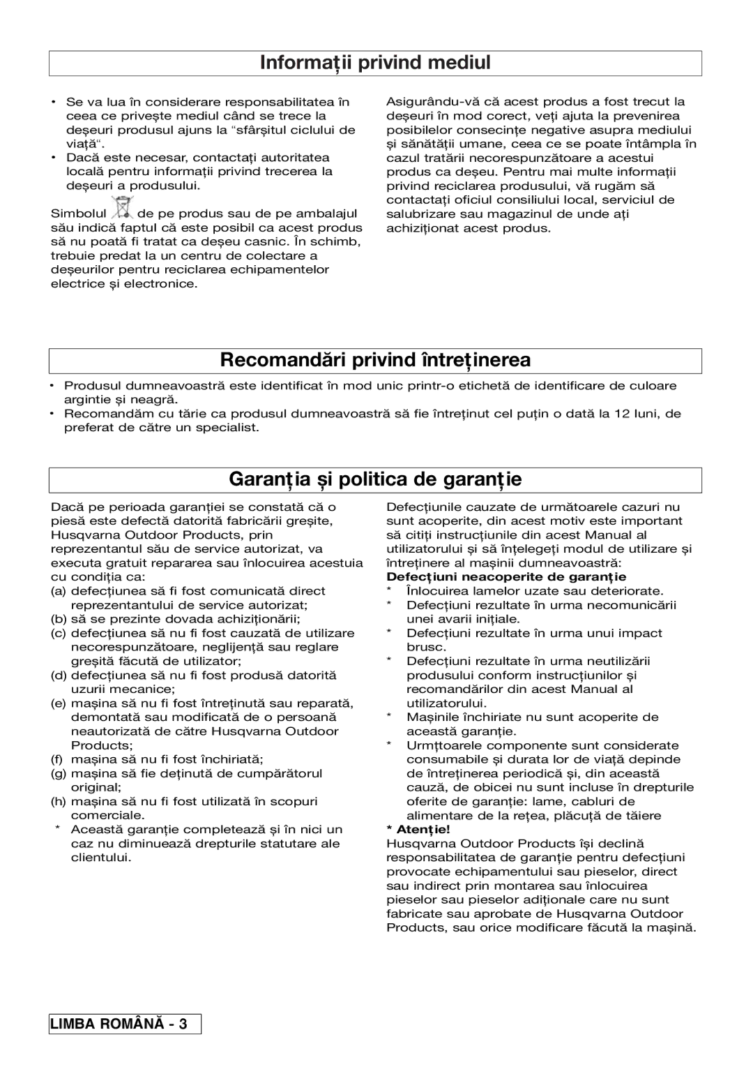 Flymo Pac a Shredder manual Informaţii privind mediul, Recomandări privind întreţinerea, Garanţia și politica de garanţie 