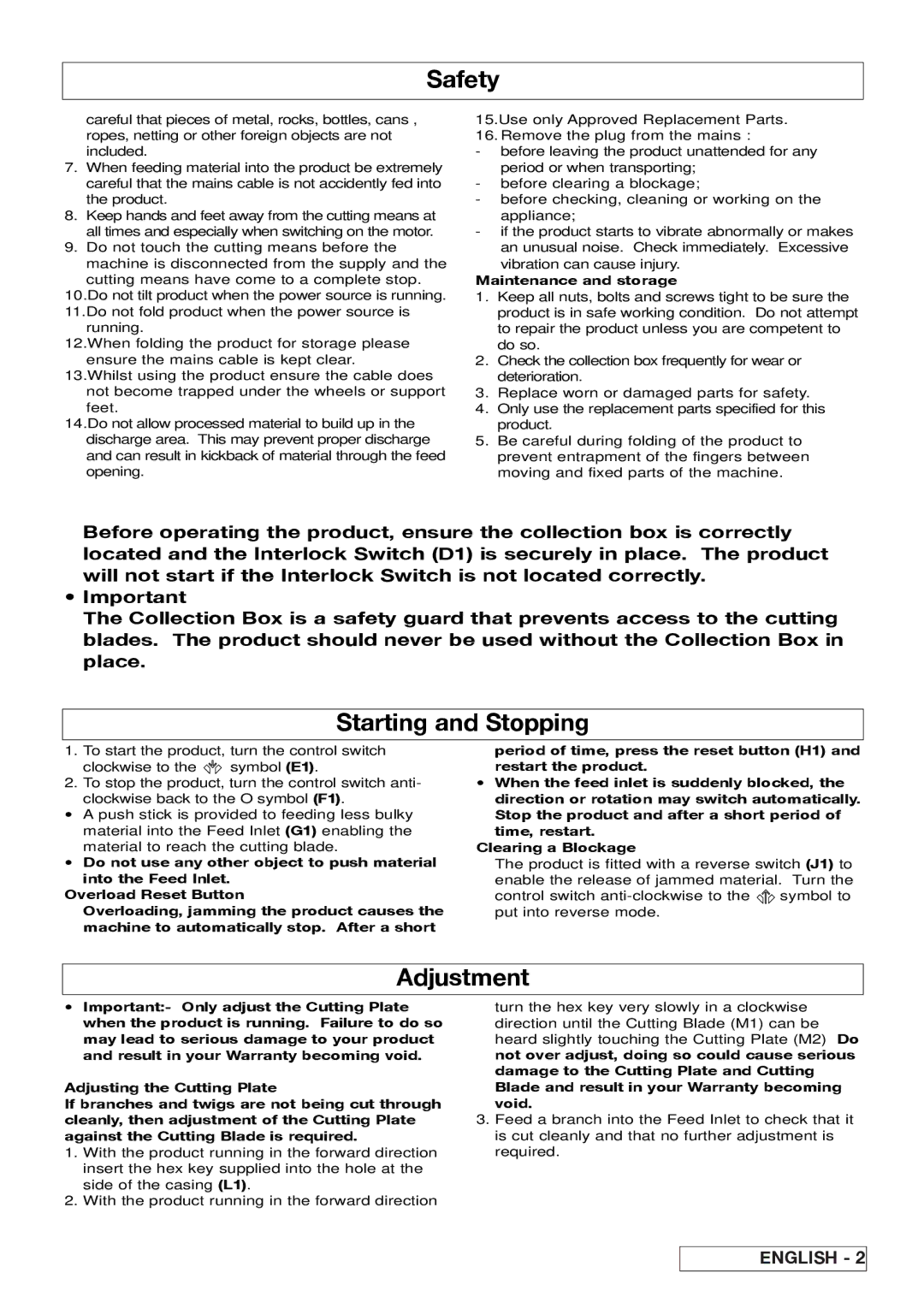 Flymo Pac a Shredder manual Starting and Stopping, Adjustment, Maintenance and storage 