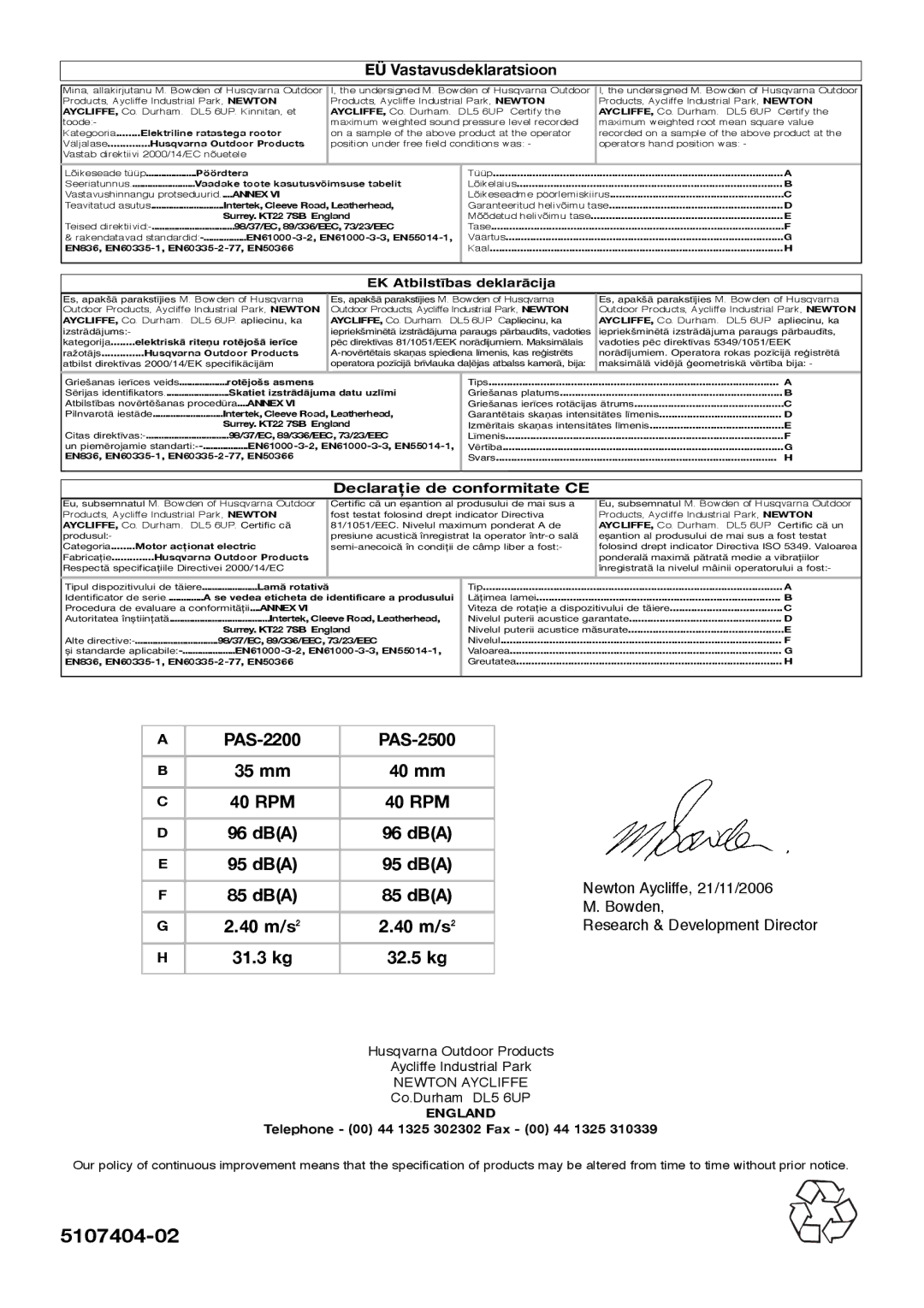 Flymo Pac a Shredder EÜ Vastavusdeklaratsioon, Declaraţie de conformitate CE, Telephone 00 44 1325 302302 Fax 00 44 1325 