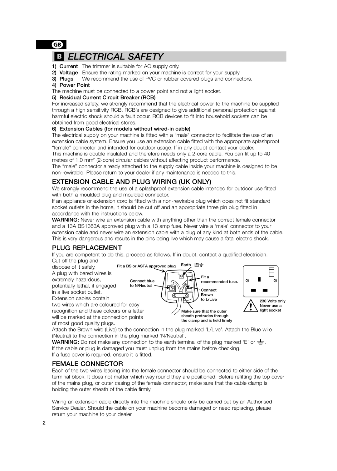 Flymo PN 248722 manual Extension Cable and Plug Wiring UK only, Plug Replacement, Female Connector 