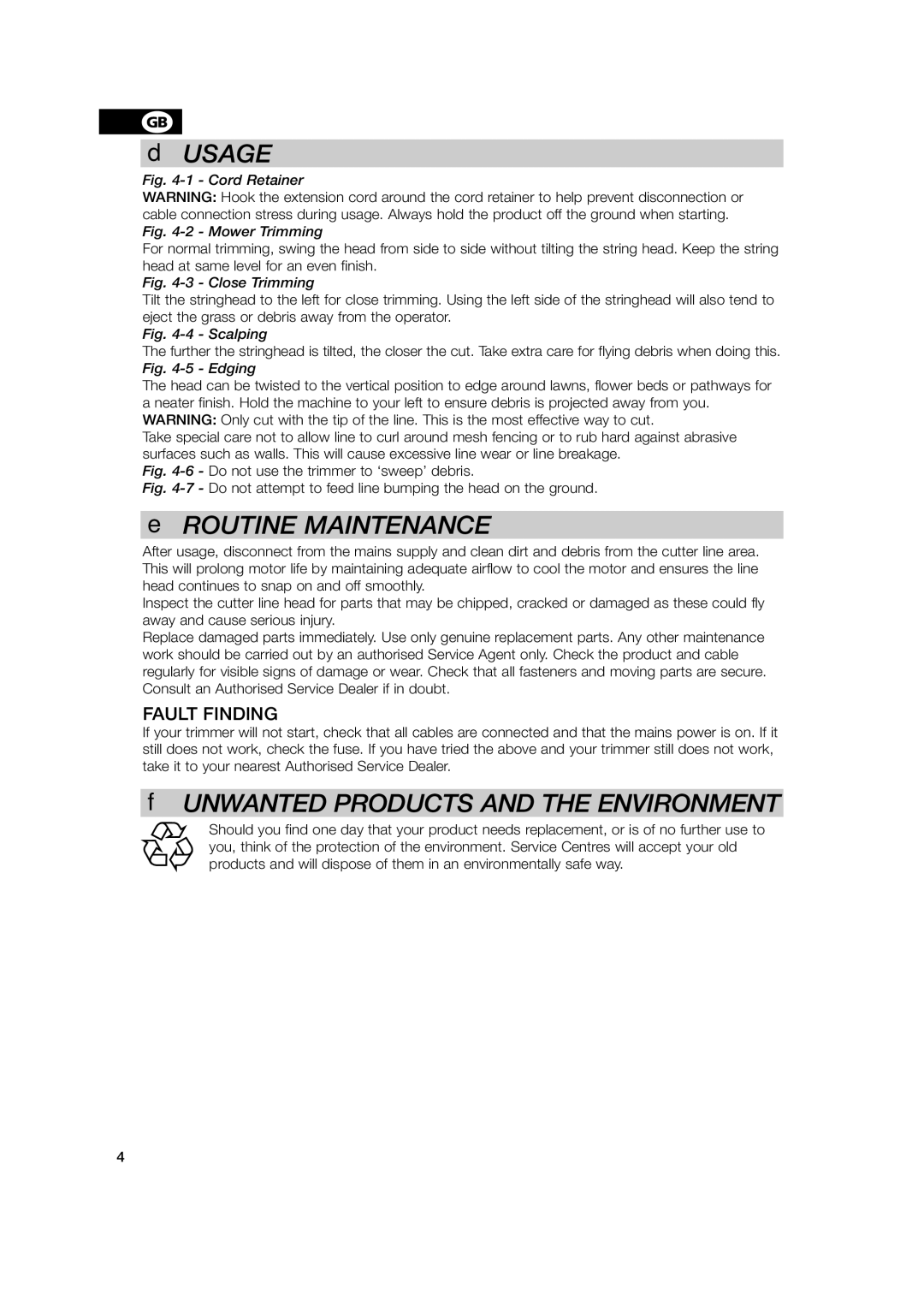 Flymo PN 248722 manual Usage, Fault Finding 