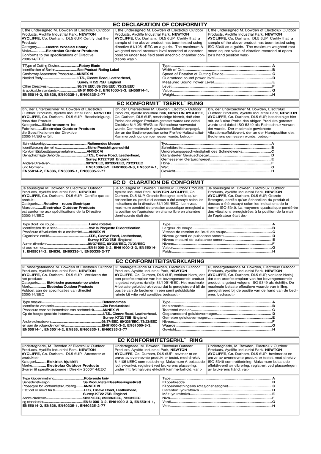 Flymo Power Compact manual EC Declaration of Conformity, EC Konformitätserklärung, EC Déclaration DE Conformité 