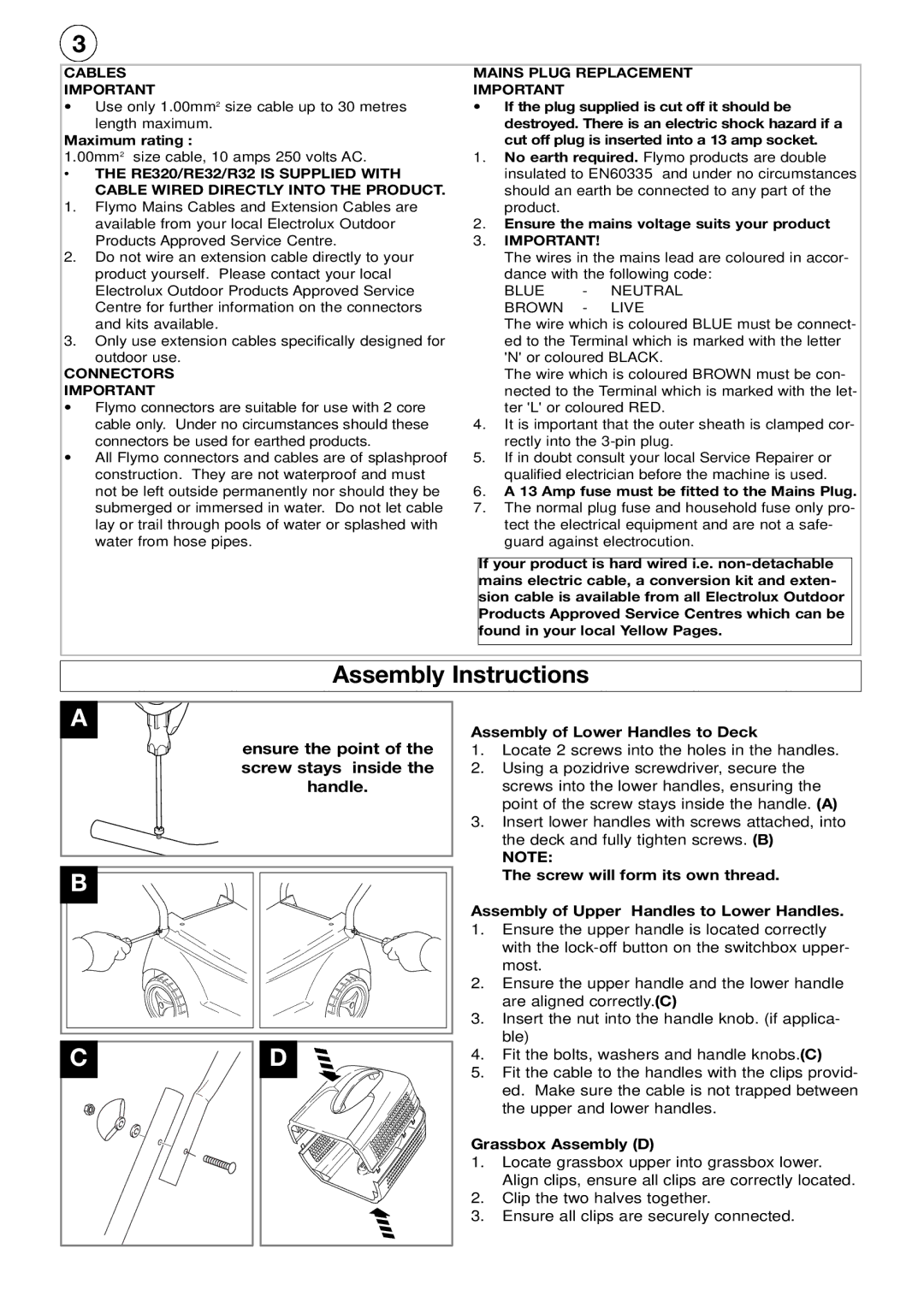 Flymo R32 Assembly Instructions, Ensure the point of the screw stays inside the handle, Assembly of Lower Handles to Deck 