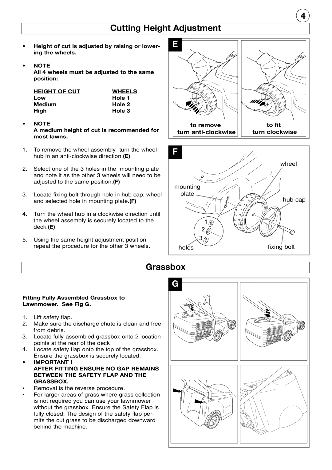 Flymo R32 manual Cutting Height Adjustment, Grassbox, To remove To fit Turn anti-clockwise Turn clockwise, Turn the wheel 