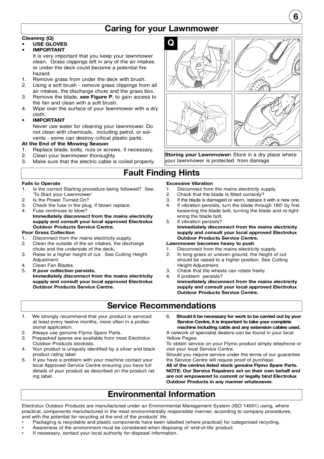 Flymo R32 manual Caring for your Lawnmower, Fault Finding Hints, Service Recommendations, Environmental Information 