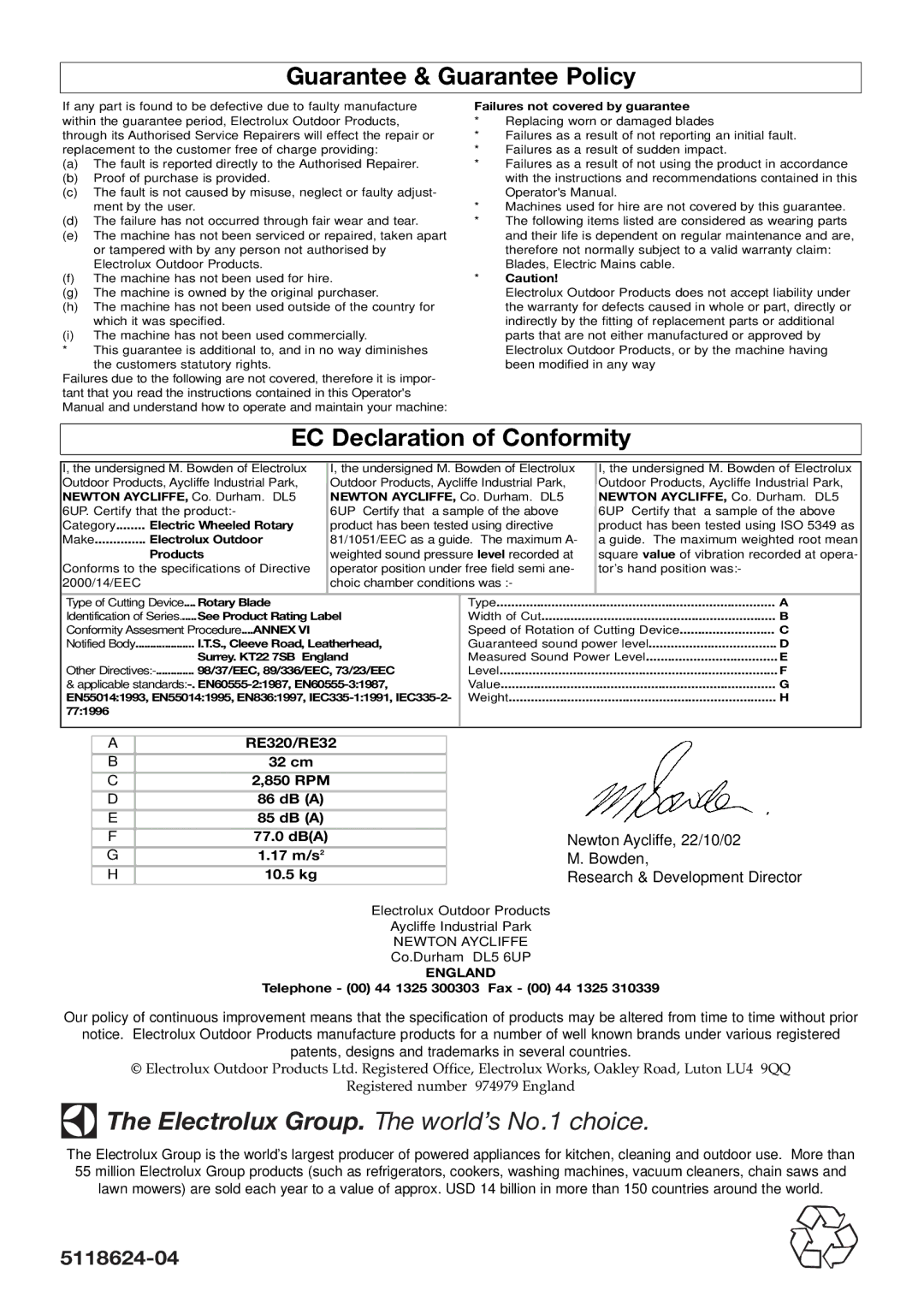 Flymo R32 manual Guarantee & Guarantee Policy, EC Declaration of Conformity, Bowden, England 