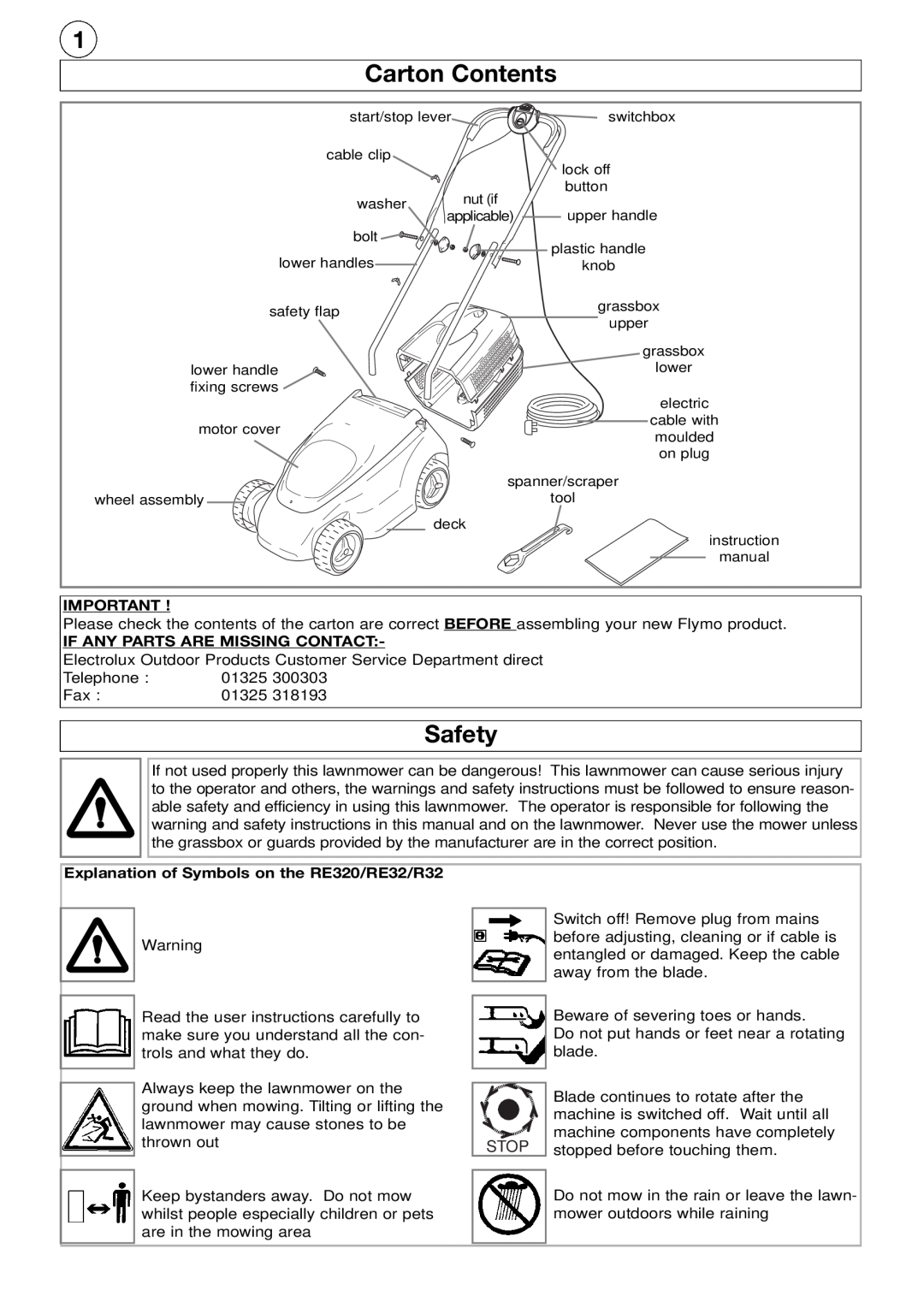 Flymo R32 manual Carton Contents, Safety, Stop 