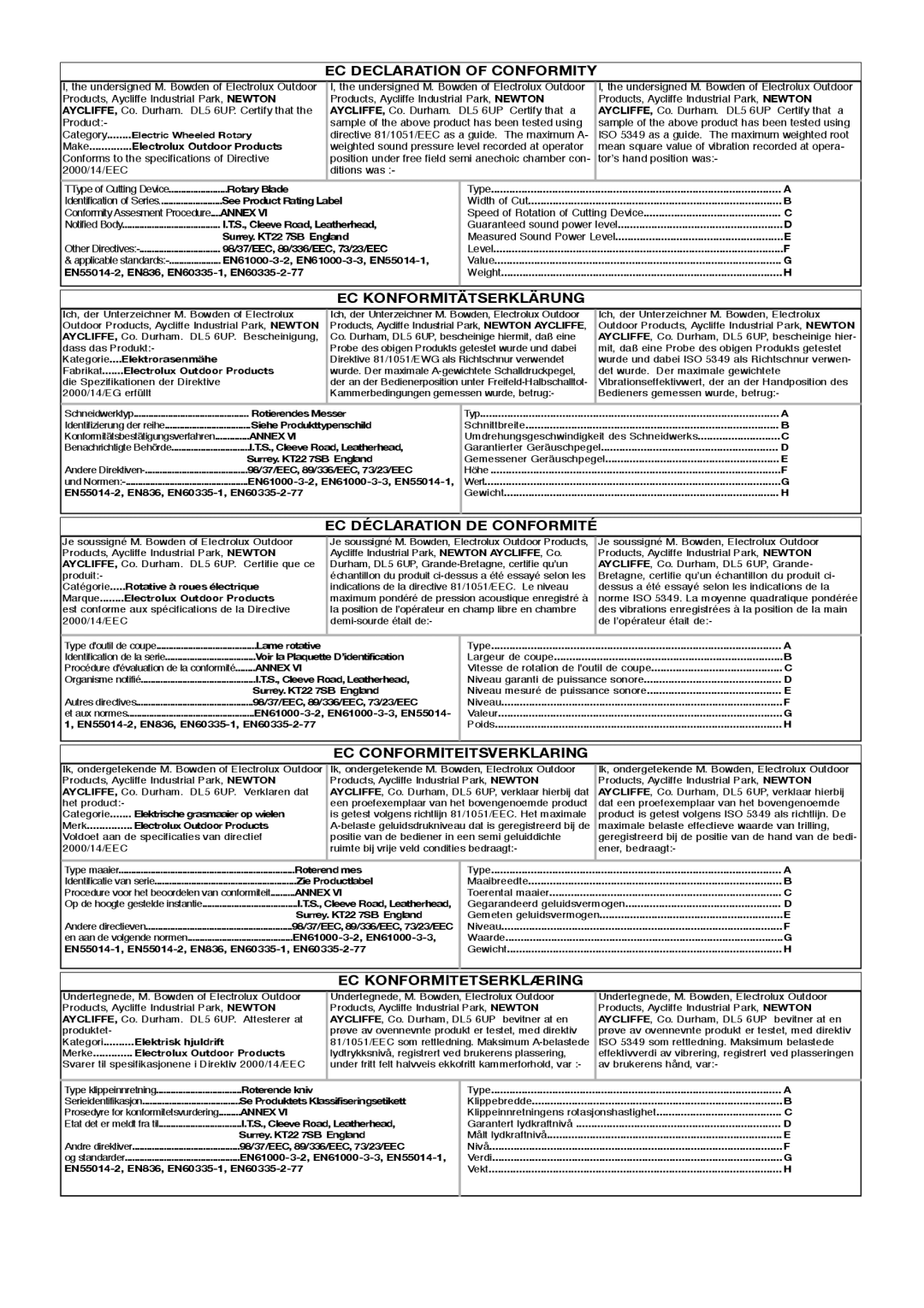 Flymo RE320 EC Declaration of Conformity, EC Konformitätserklärung, EC Déclaration DE Conformité, EC Konformitetserklæring 