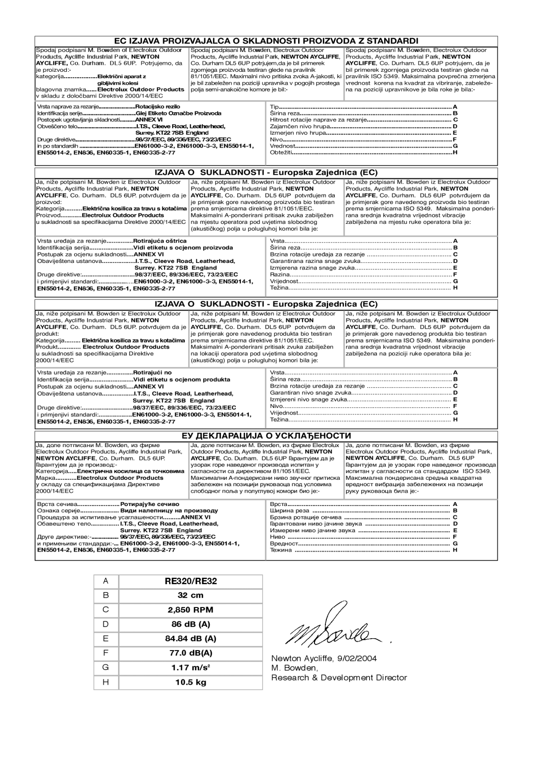 Flymo RE320 manual EC Izjava Proizvajalca O Skladnosti Proizvoda Z Standardi, ЕУ Декларација О Усклађености 