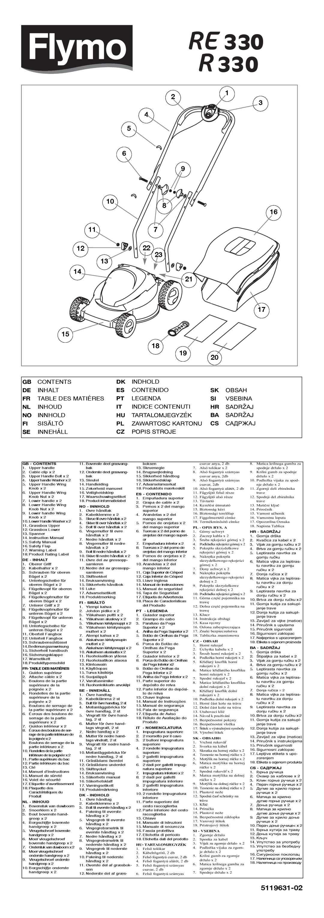 Flymo R330, RE330 instruction manual GB Contents, DE Inhalt, FR- Table DES Matières, NL Inhoud, No Innhold, FI Sisältö 