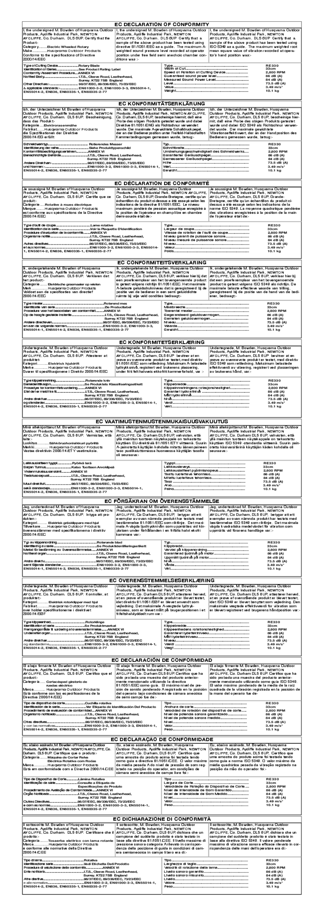 Flymo R330 EC Declaration of Conformity, EC Konformitätserklärung, EC Déclaration DE Conformité, EC Konformitetserklæring 