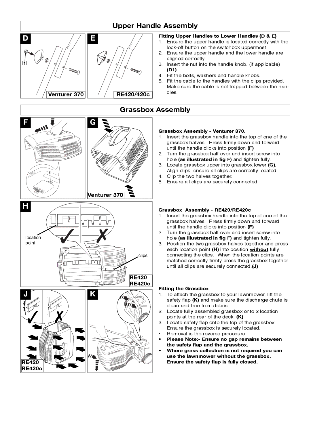 Flymo manual Upper Handle Assembly, Grassbox Assembly, RE420 RE420c 