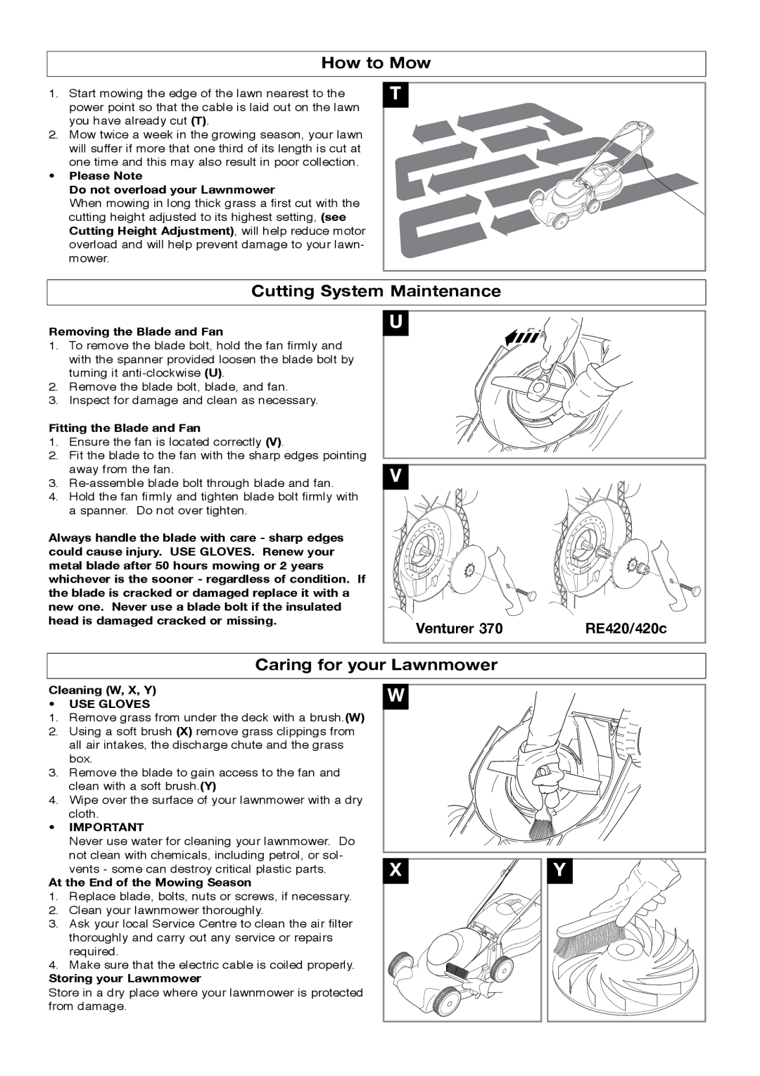 Flymo RE420c manual How to Mow, Cutting System Maintenance, Caring for your Lawnmower, USE Gloves 