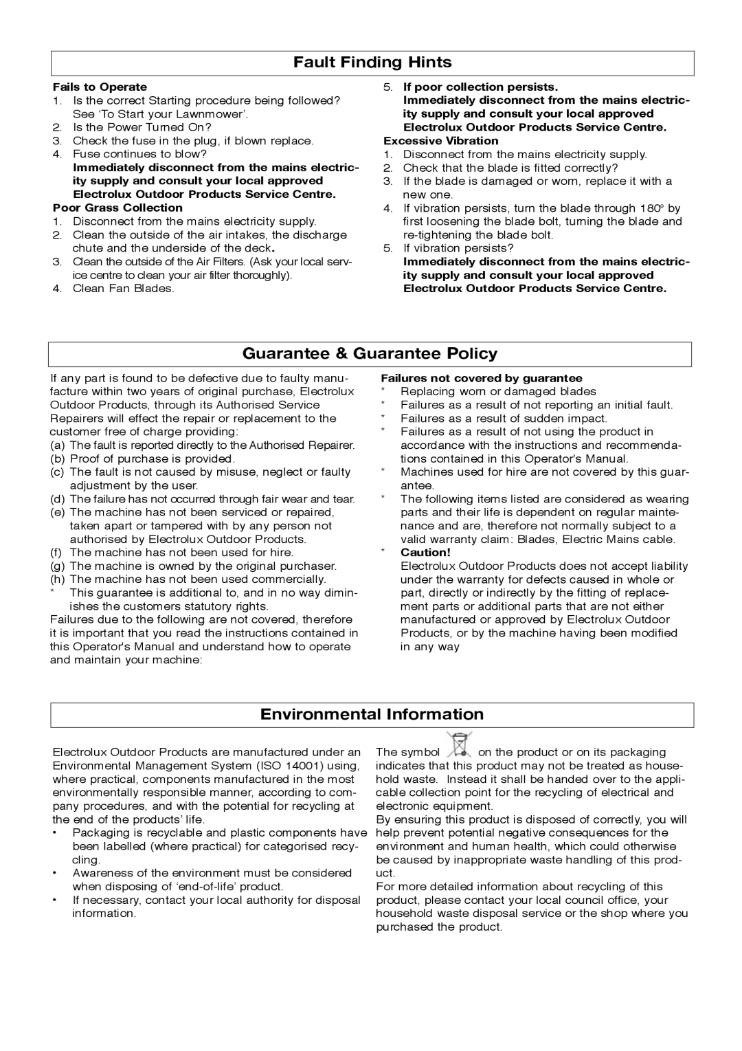 Flymo RE420c manual Fault Finding Hints, Guarantee & Guarantee Policy, Environmental Information, Fails to Operate 